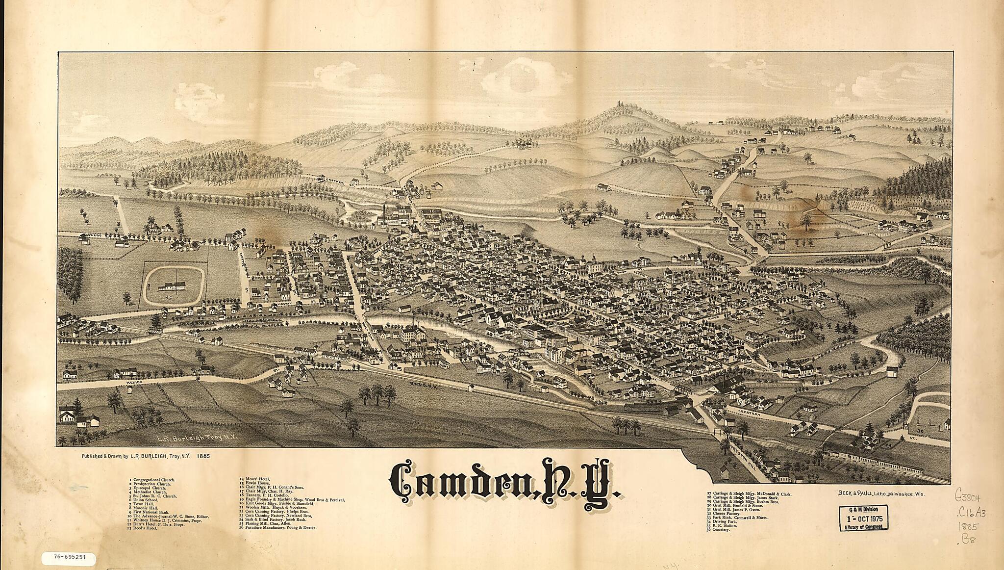 This old map of Camden, New York from 1885 was created by Beck & Pauli, L. R. (Lucien R.) Burleigh in 1885