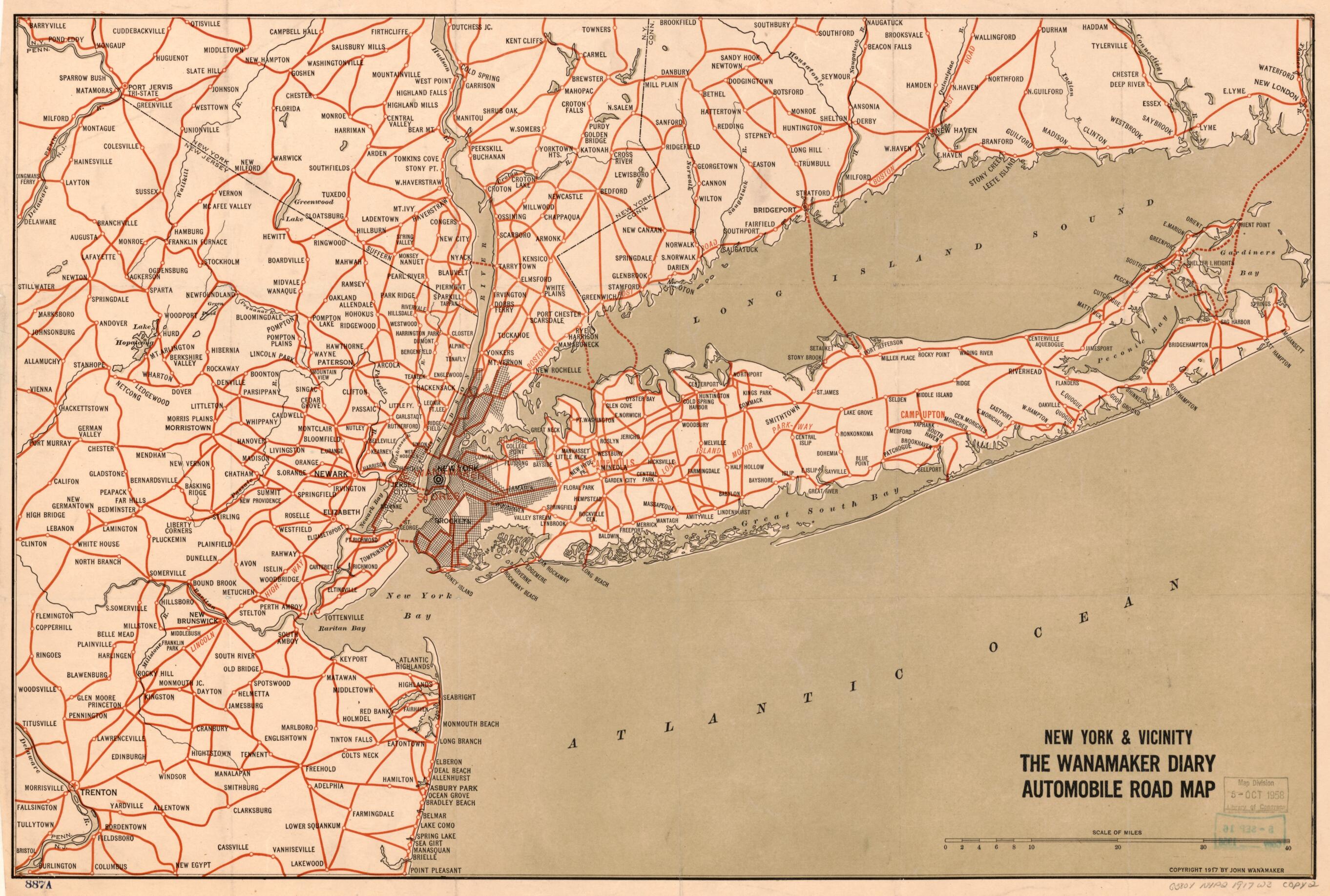 This old map of New York & Vicinity: the Wanamaker Diary Automobile Road Map from 1917 was created by John Wanamaker in 1917
