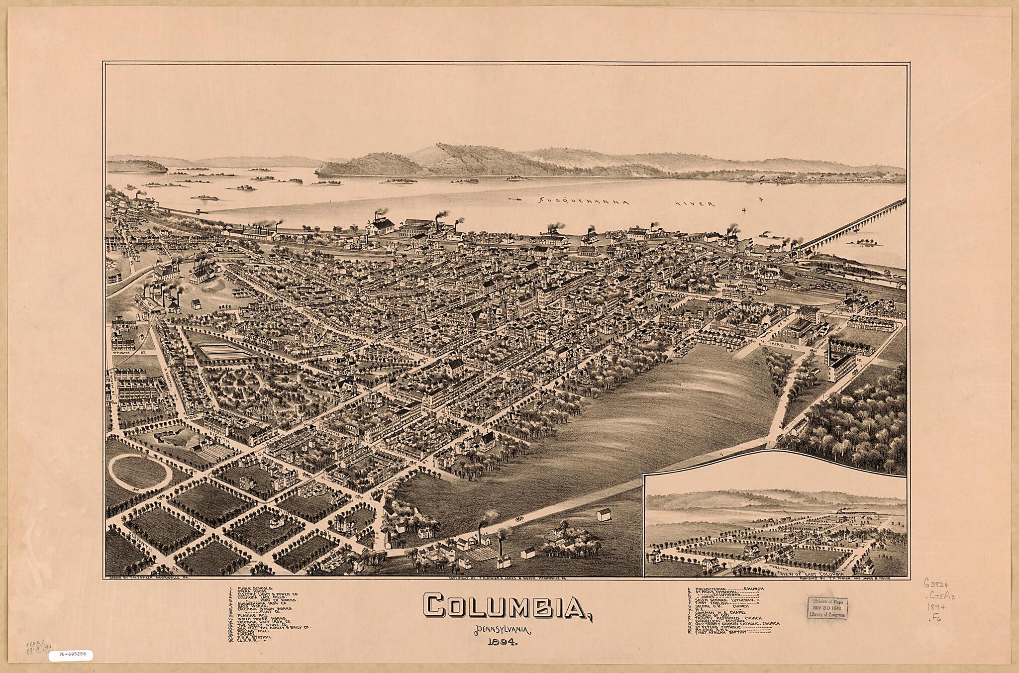 This old map of Columbia, Pennsylvania from 1894 was created by T. M. (Thaddeus Mortimer) Fowler, James B. Moyer in 1894