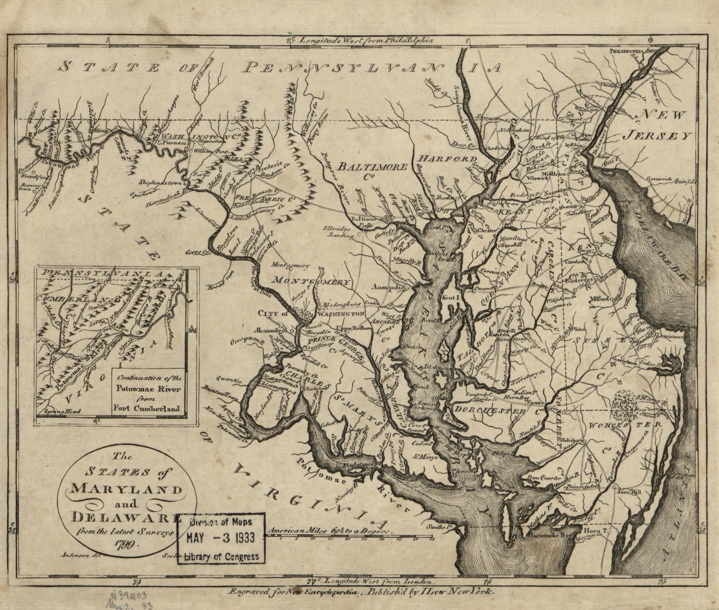 This old map of The States of Maryland and Delaware from the Latest Surveys, from 1799 was created by Anderson in 1799