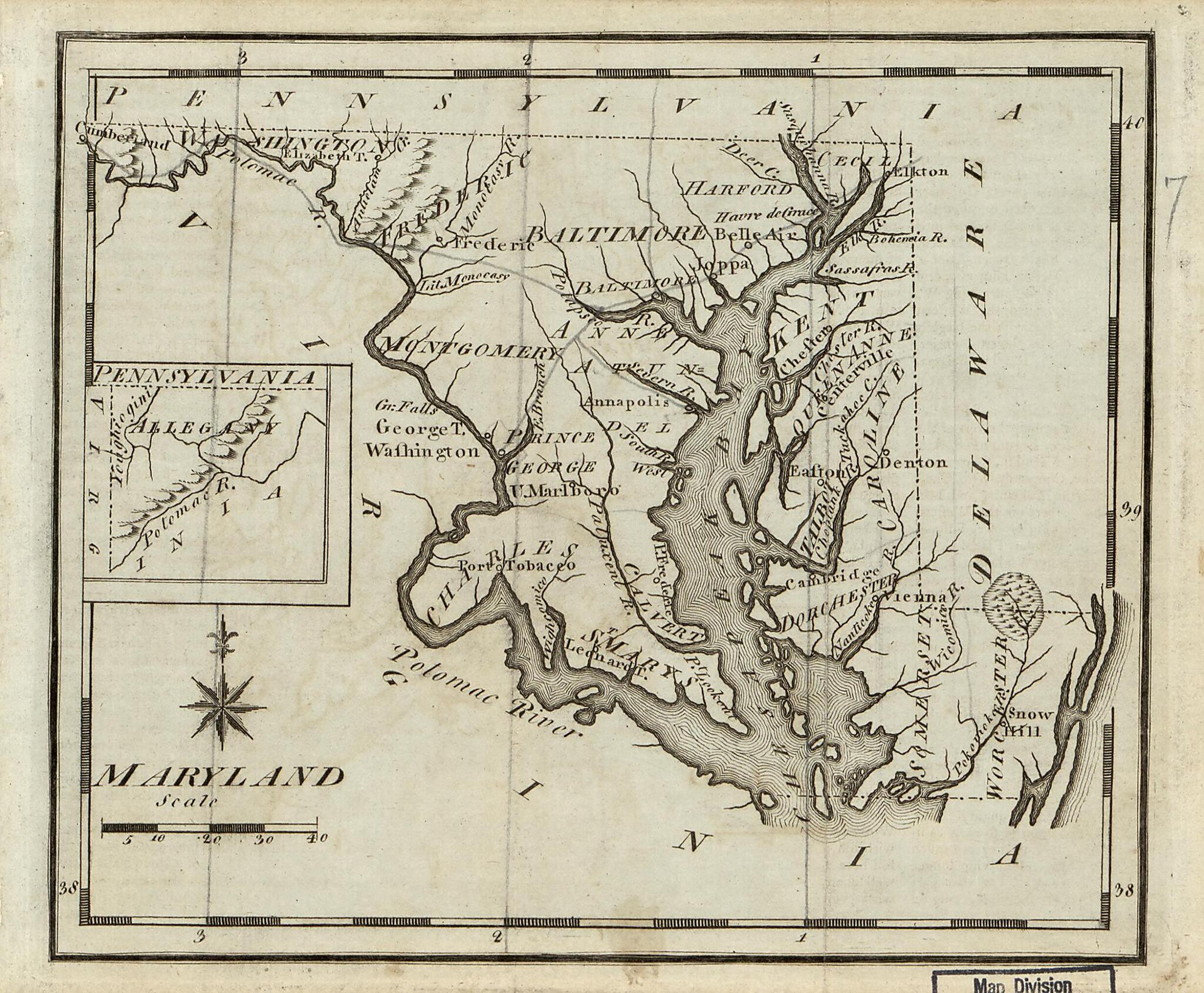 This old map of Maryland from 1795 was created by Bailey (F. And R.), Joseph Scott in 1795