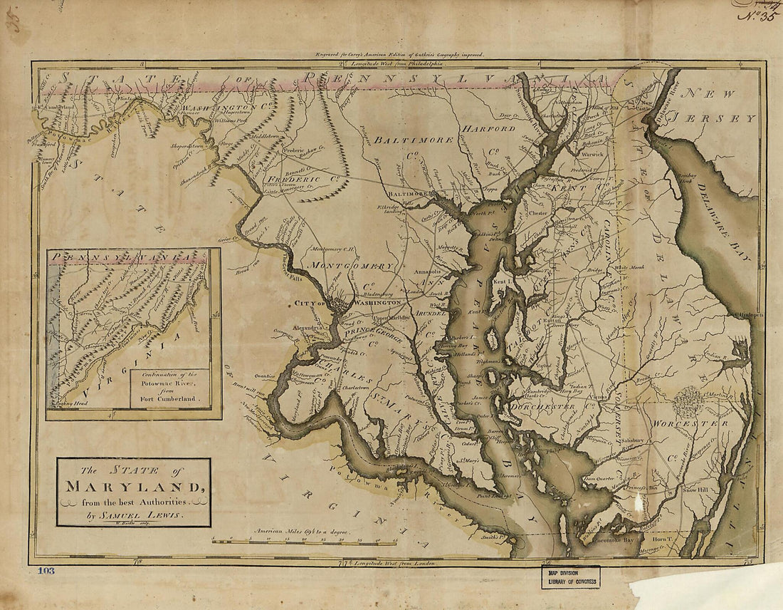 This old map of The State of Maryland from the Best Authorities from 1795 was created by W. (William) Barker, Mathew Carey, William Guthrie, Samuel Lewis in 1795