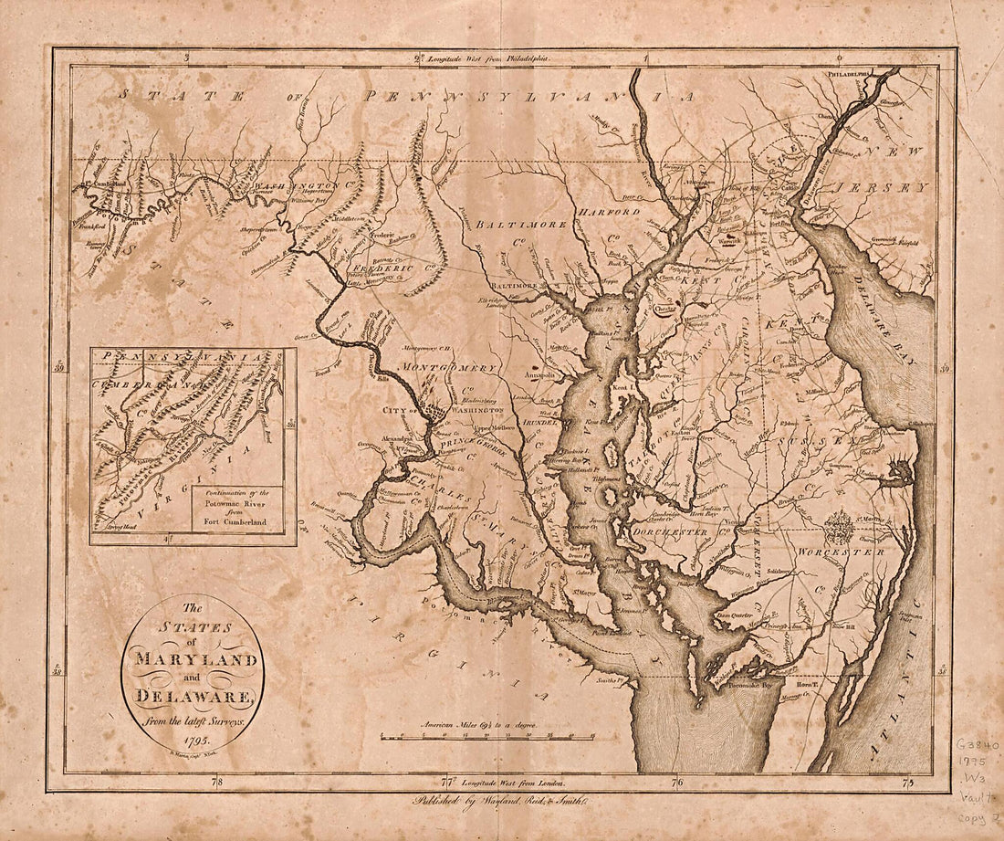 This old map of The States of Maryland and Delaware, from the Latest Surveys, 1795 from 1796 was created by David Martin, Reid & Smith Wayland in 1796