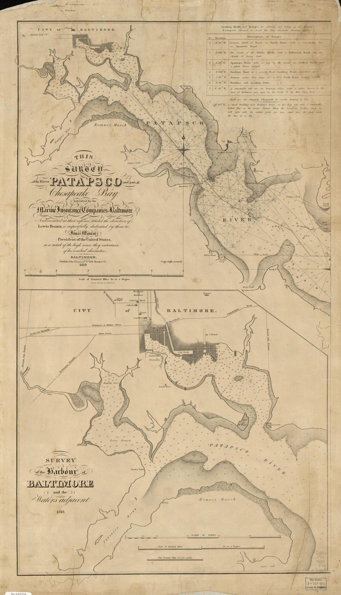 This old map of This Survey of the River Patapsco and Part of Chesapeake Bay from 1819 was created by Lewis Brantz, Fielding Lucas in 1819