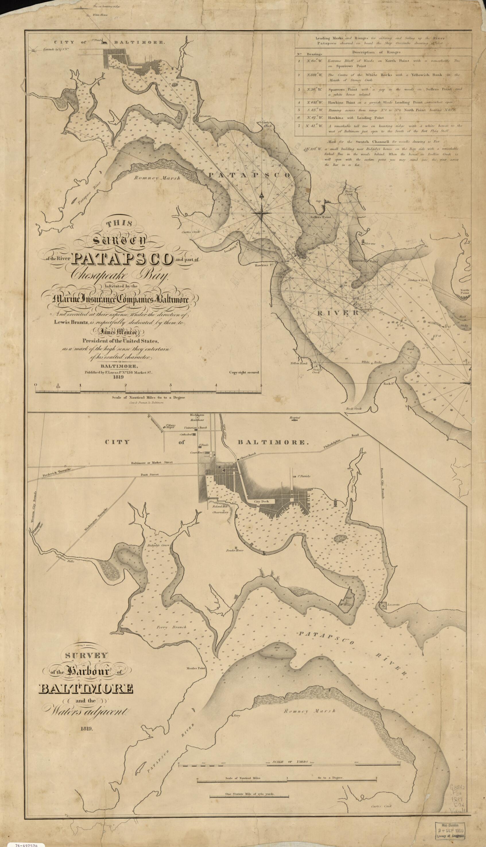 This old map of This Survey of the River Patapsco and Part of Chesapeake Bay from 1819 was created by Lewis Brantz, Fielding Lucas in 1819