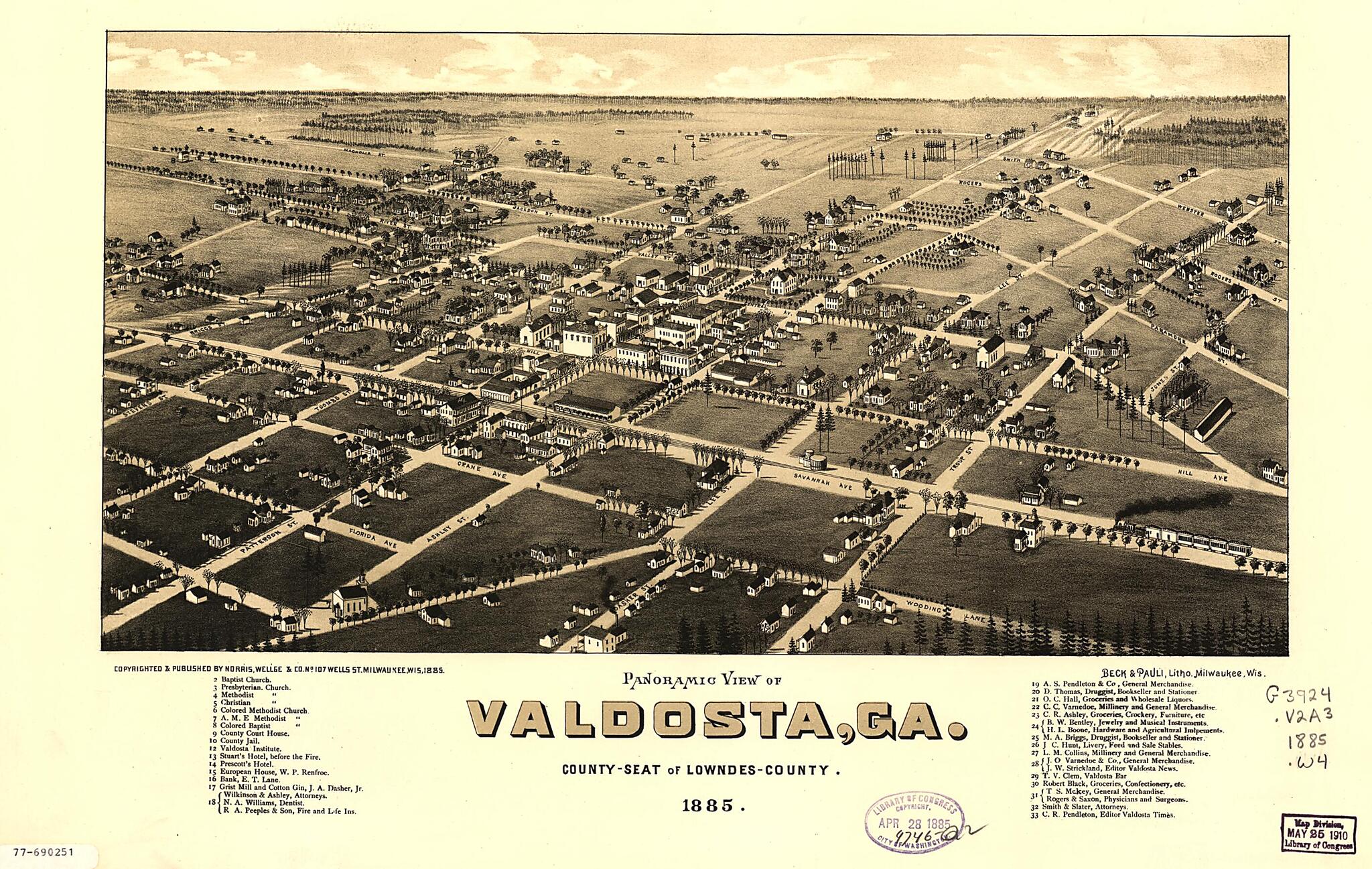 This old map of Panoramic View of Valdosta, Georgia : County Seat of Lowndes County. (Panoramic View of Valdosta, Georgia) from 1885 was created by Beck & Pauli, Wellge & Co Norris, H. (Henry) Wellge in 1885