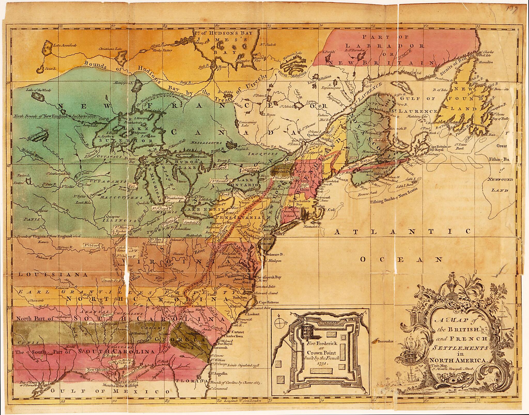 This old map of A Map of the British and French Settlements In North America from 1755 was created by John Hinton in 1755