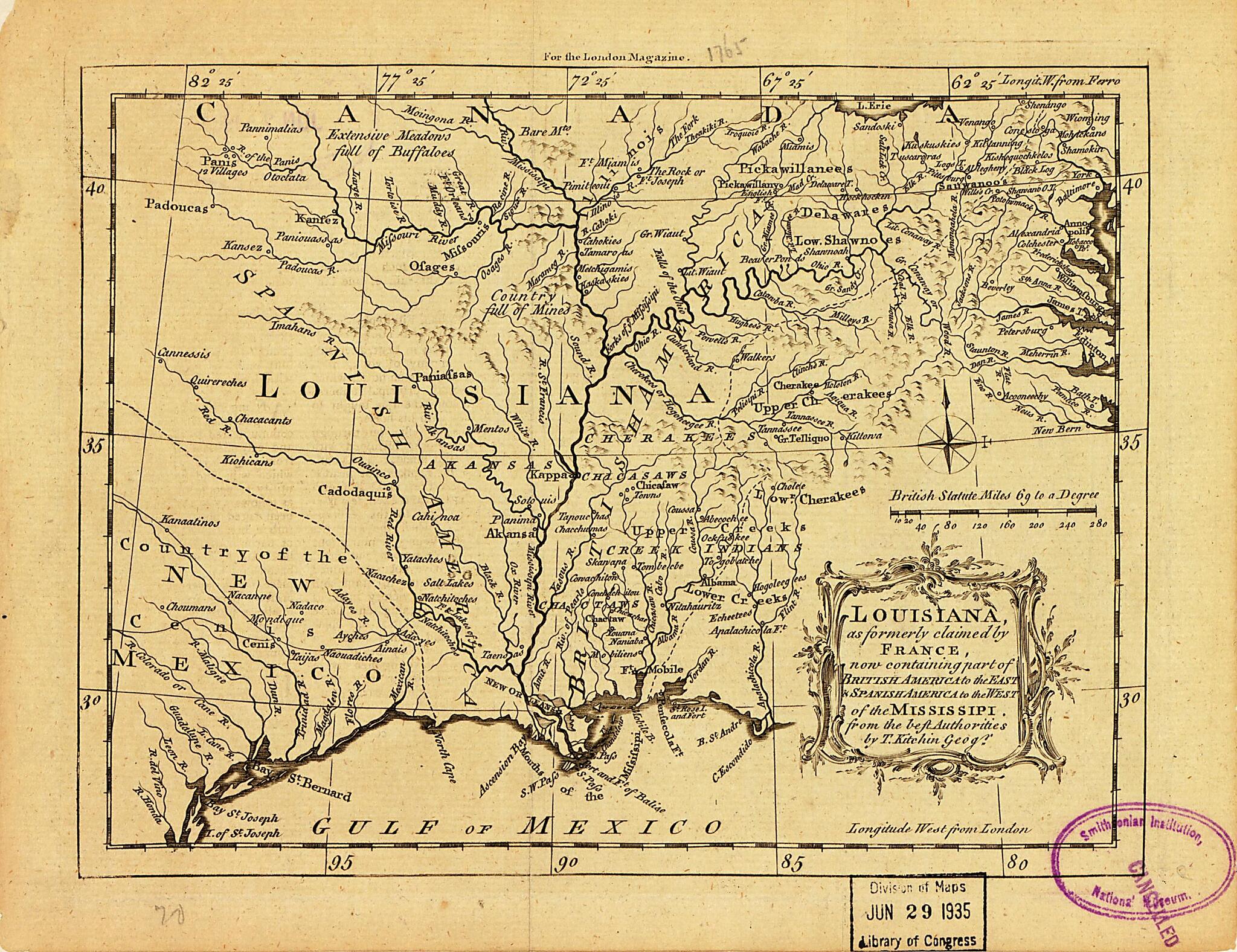 This old map of Louisiana, As Formerly Claimed by France, Now Containing Part of British America to the East & Spanish America to the West of the Mississippi from 1765 was created by Thomas Kitchin in 1765