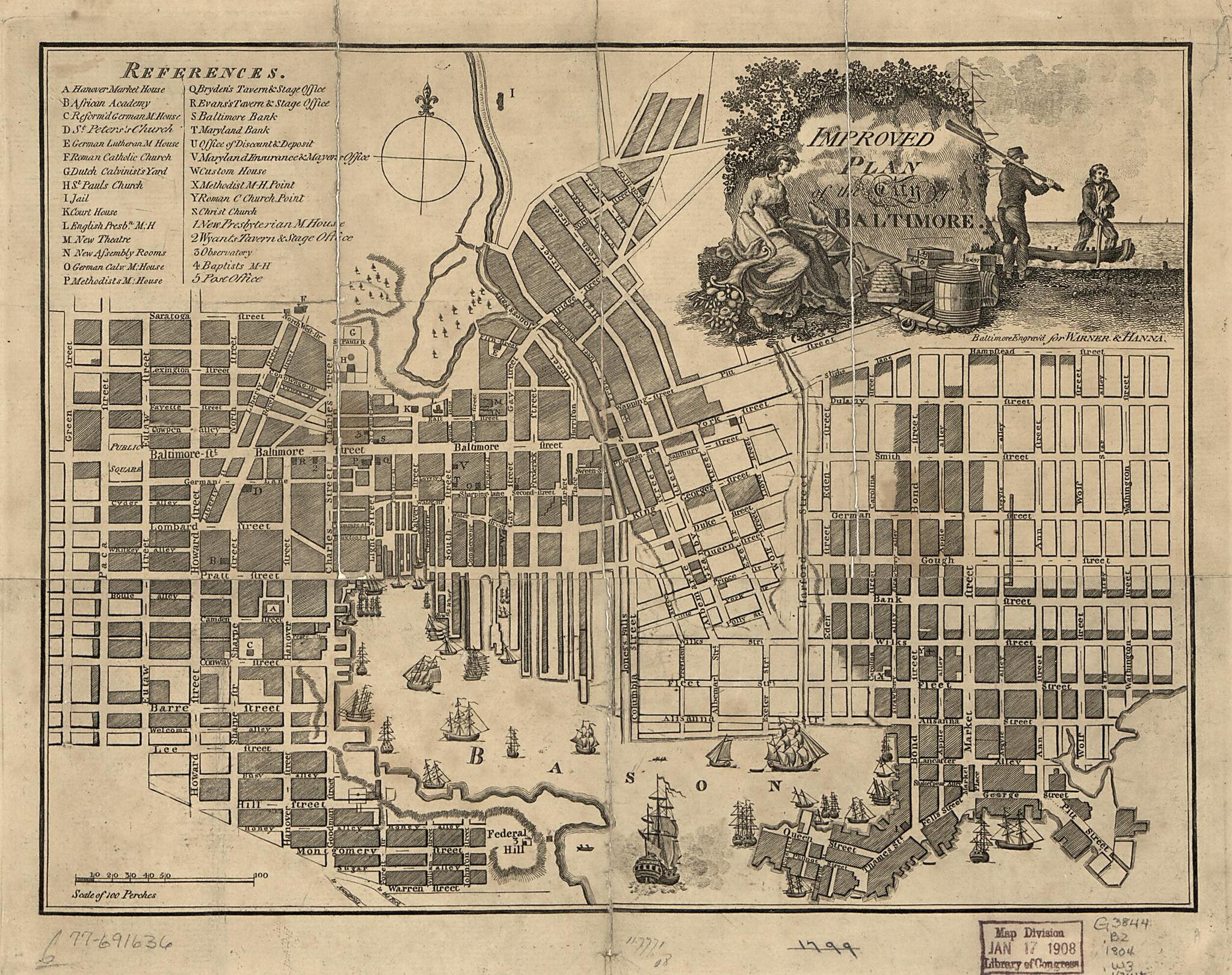 This old map of Improved Plan of the City of Baltimore from 1804 was created by Warner & Hanna in 1804