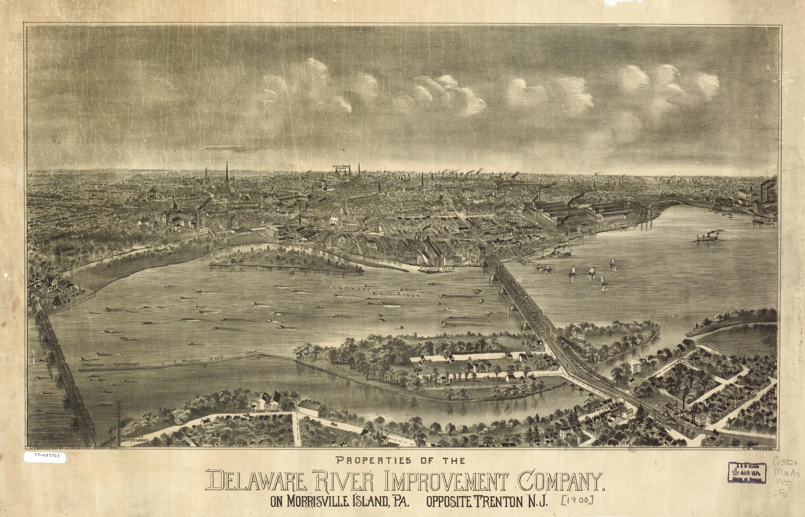 This old map of Properties of the Delaware River Improvement Company On Morrisville Island, Pennsylvania Opposite Trenton, New Jersey from 1900 was created by T. M. (Thaddeus Mortimer) Fowler, O.H. Bailey & Co in 1900