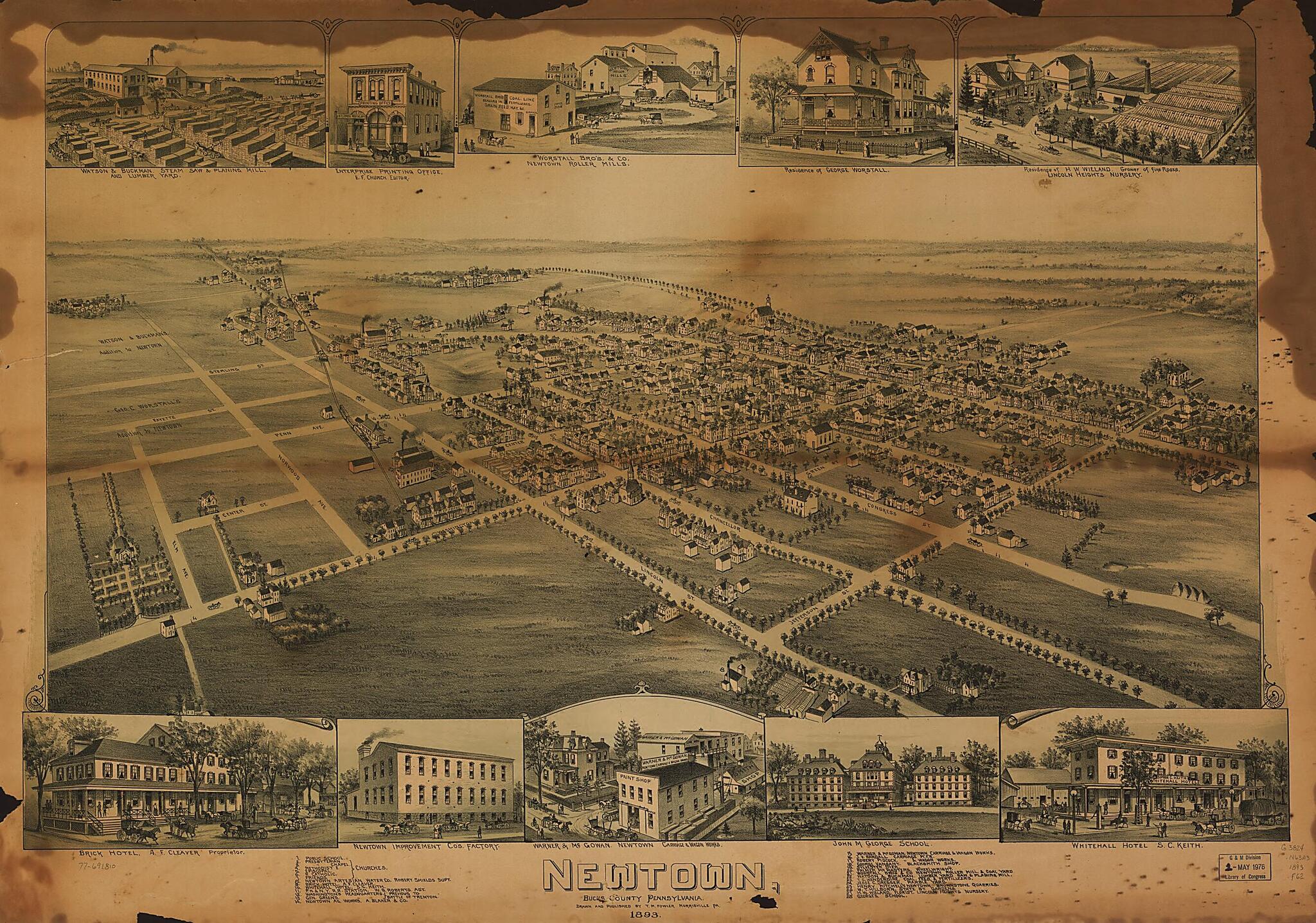 This old map of Newtown, Bucks County, Pennsylvania from 1893 was created by T. M. (Thaddeus Mortimer) Fowler in 1893