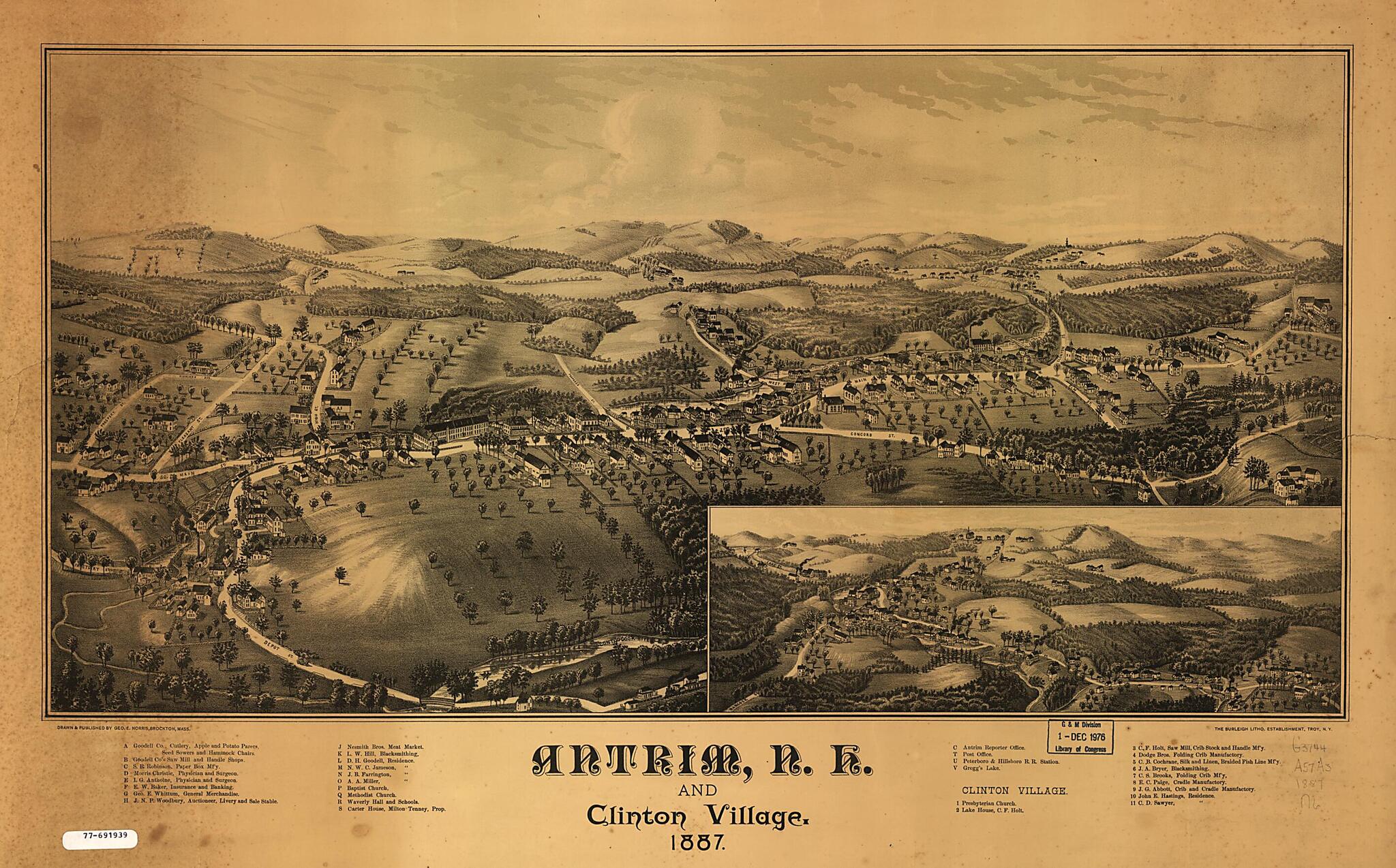 This old map of Antrim, New Hampshire and Clinton Village from 1887 was created by Burleigh Litho, George E. Norris in 1887