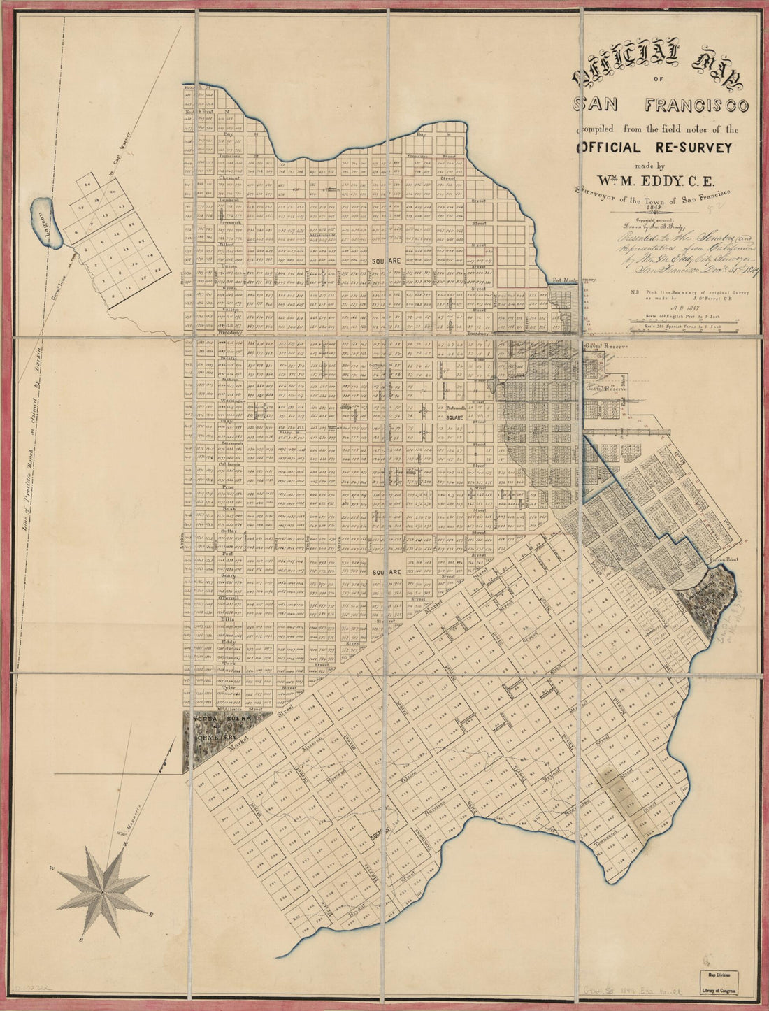 This old map of Survey Made by Wm. M. Eddy. Surveyor of the Town of San Francisco from 1849 was created by John B. Brady, William M. Eddy in 1849