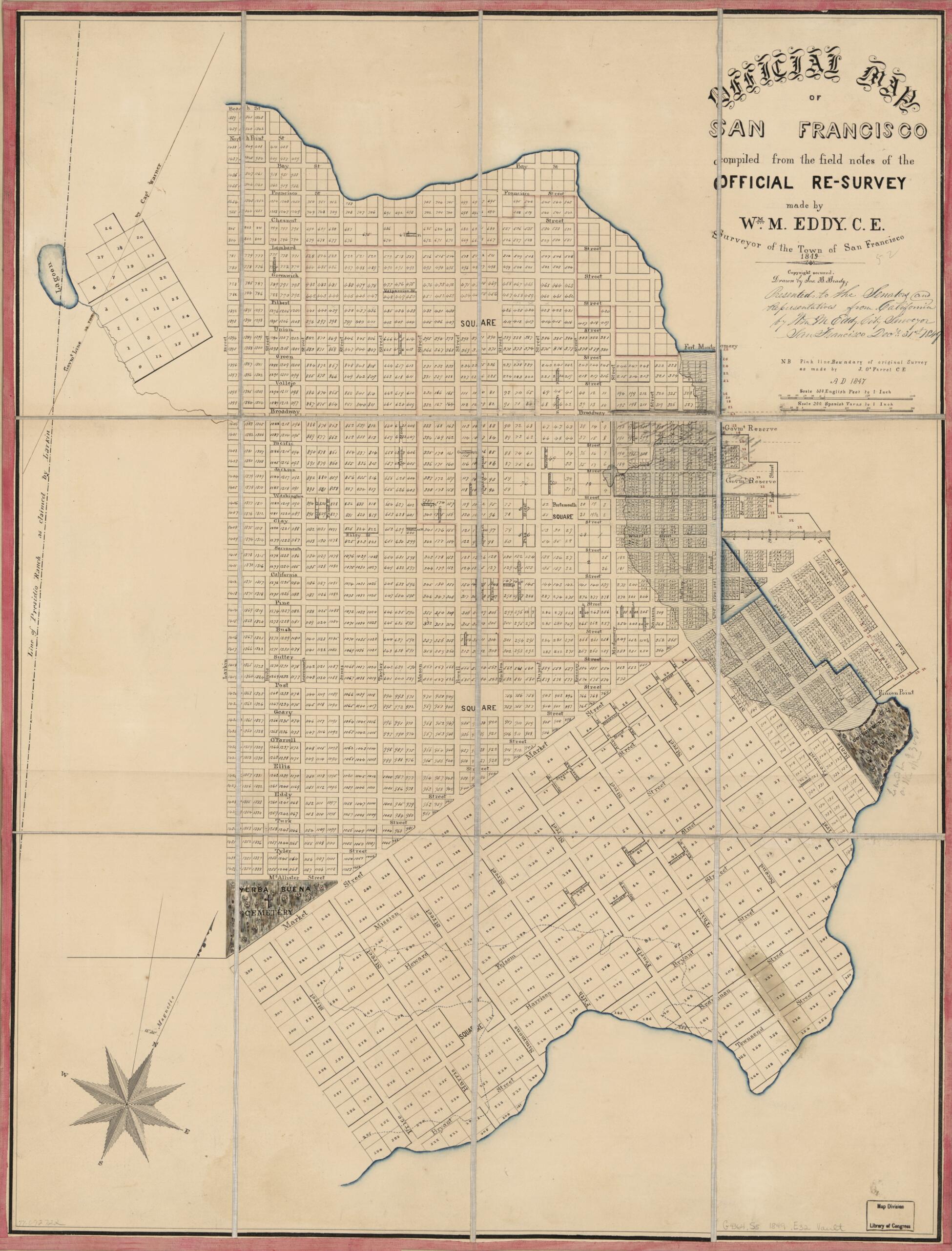 This old map of Survey Made by Wm. M. Eddy. Surveyor of the Town of San Francisco from 1849 was created by John B. Brady, William M. Eddy in 1849