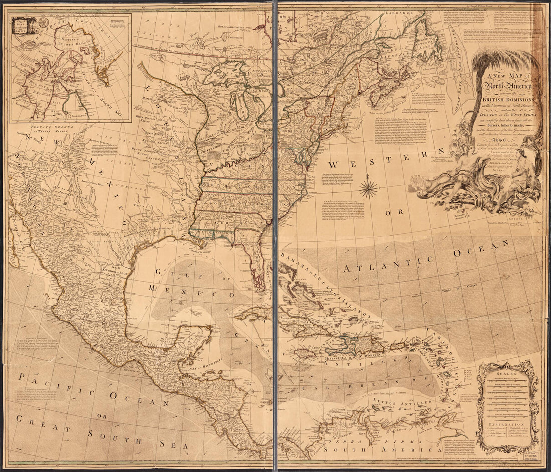 This old map of A New Map of North America Wherein the British Dominions In the Continent of North America, and On the Islands of the West Indies, Are Carefully Laid Down from All the Surveys, Hitherto Made; and the Boundaries of the New Governments, As