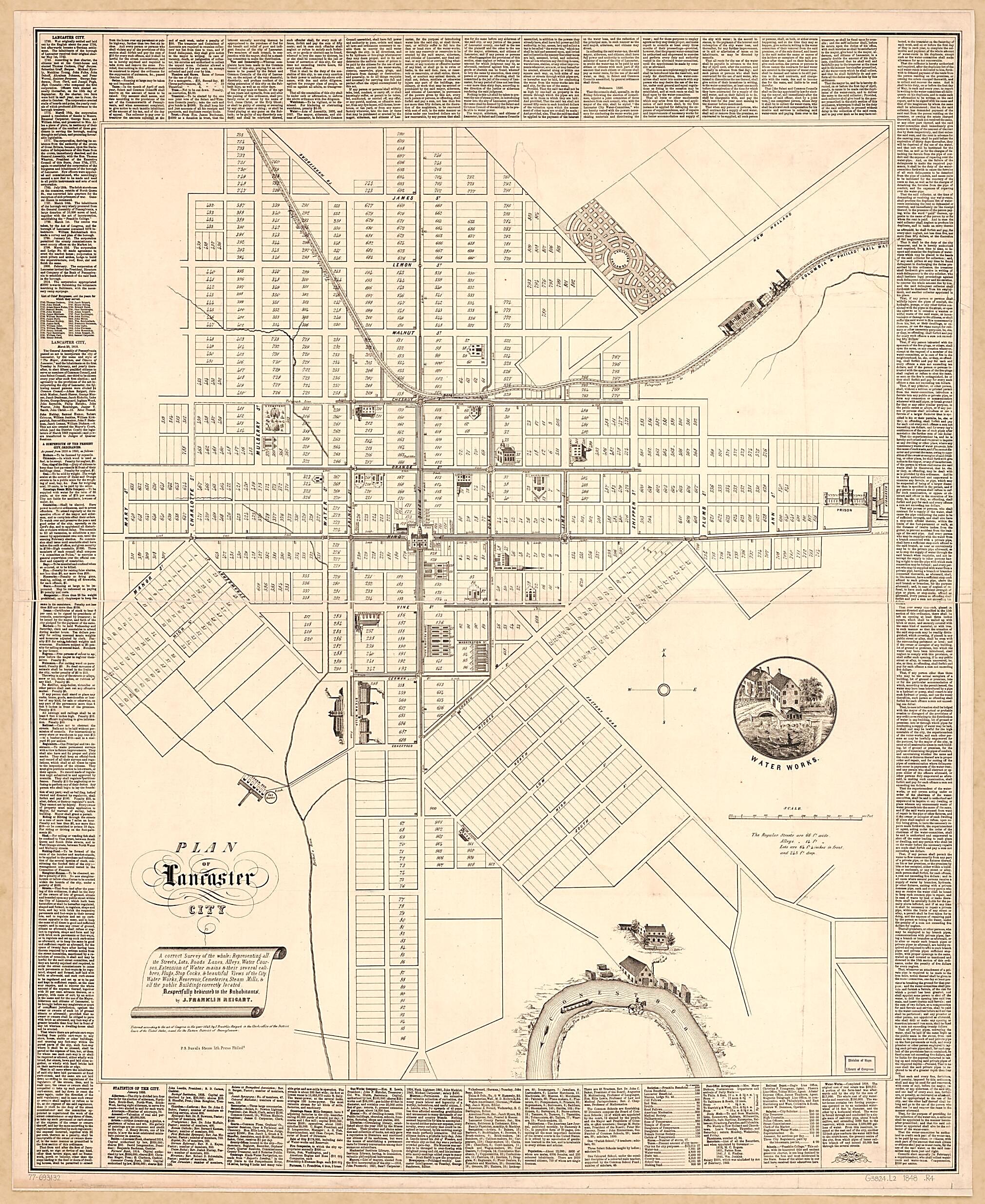 This old map of Plan of Lancaster City; a Correct Survey of the Whole; Representing All the Streets, Lots, Roads, Lanes, Alleys, Water Courses, Extension of Water Mains & Their Several Calibres, Plugs, Stop Cocks, & Beautiful Views of the City from 1850