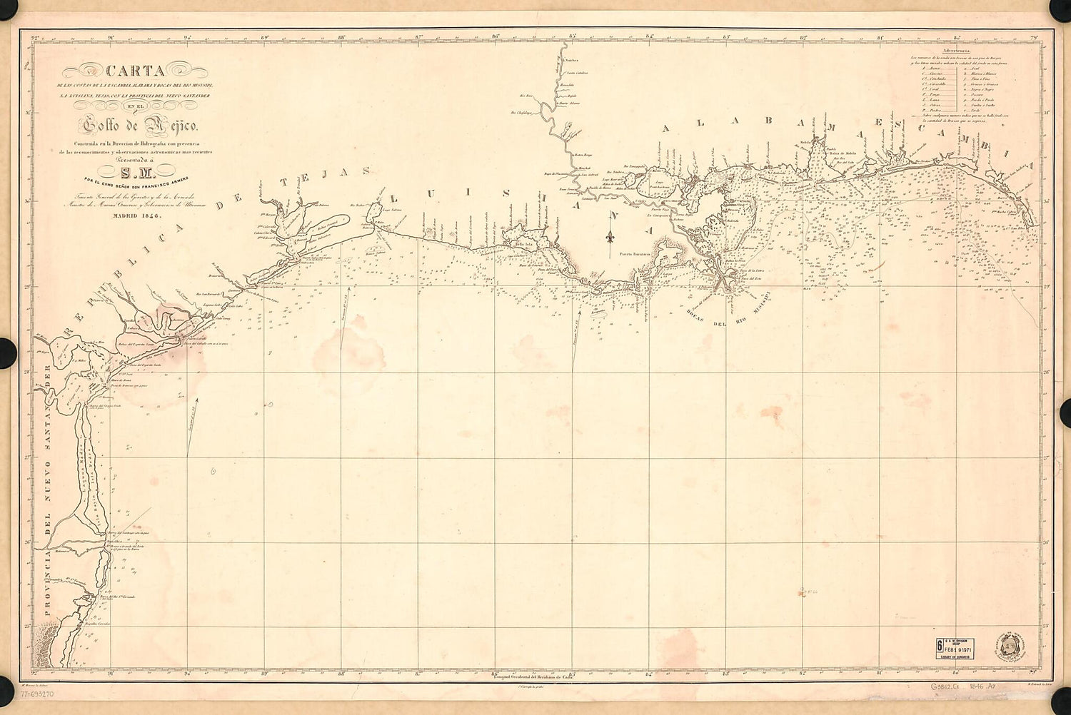 This old map of Carta De Las Costas De La Escambia, Alabama Y Bocas Del Rio Misisipi, La Luisiana, Tejas, Con La Provincia Del Nuevo Santander, En El Golfo De Mejico from 1846 was created by Francisco Armero, J. Carrafa, Miguel Moreno,  Spain. Dirección