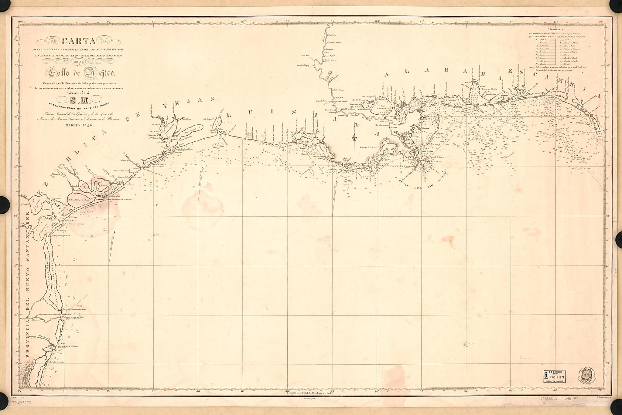 This old map of Carta De Las Costas De La Escambia, Alabama Y Bocas Del Rio Misisipi, La Luisiana, Tejas, Con La Provincia Del Nuevo Santander, En El Golfo De Mejico from 1846 was created by Francisco Armero, J. Carrafa, Miguel Moreno,  Spain. Dirección