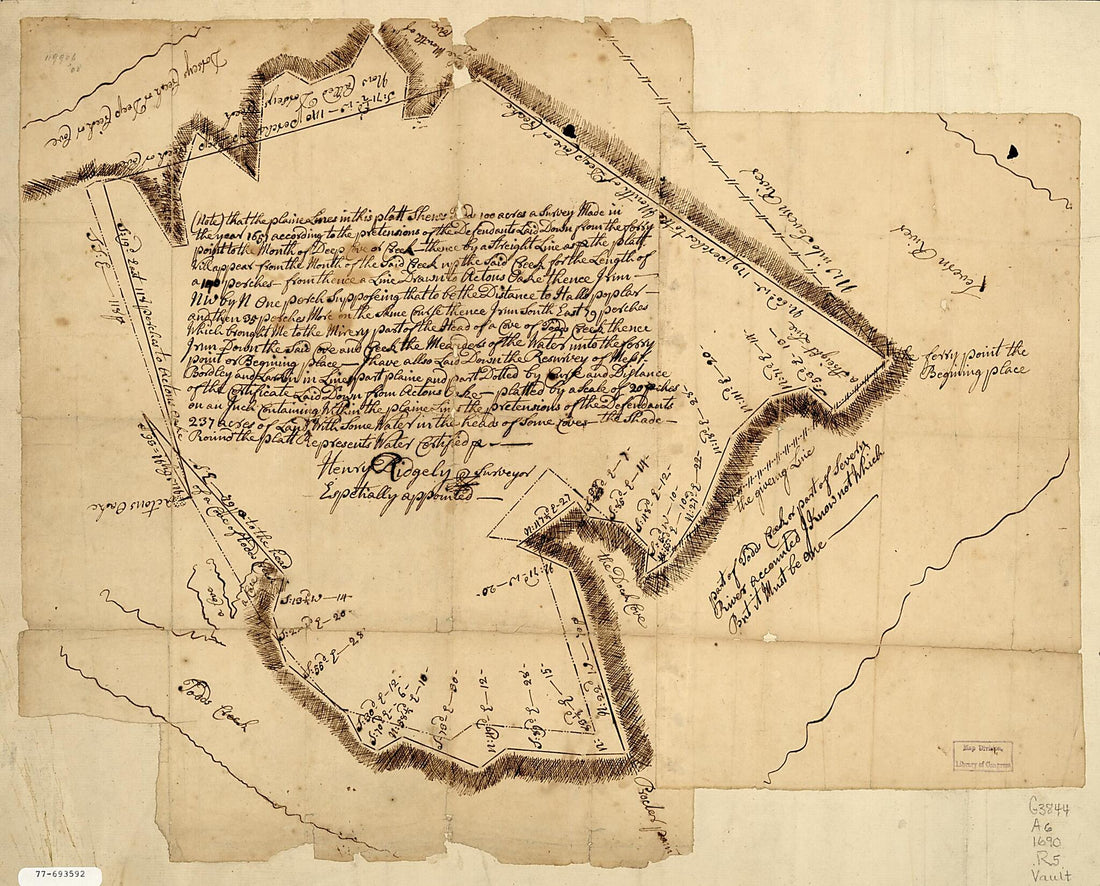 This old map of Survey of Annapolis from 1690 was created by Henry Ridgely in 1690