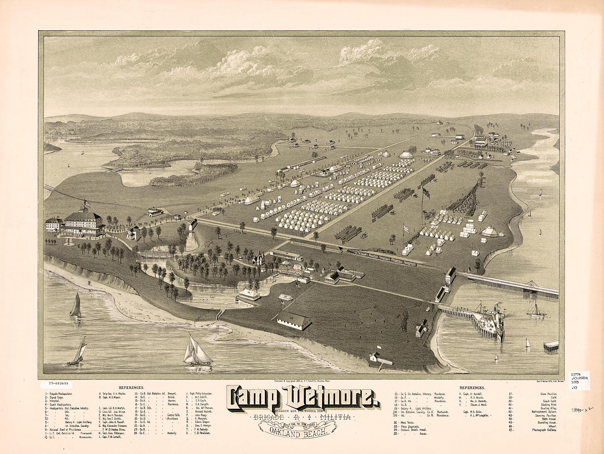 This old map of Camp Wetmore, Rhode Island. Brigade Militia, July 7th to 11th, from 1885, Oakland Beach was created by Geo. H. Walker & Co, Poole (A.F.) & Co in 1885