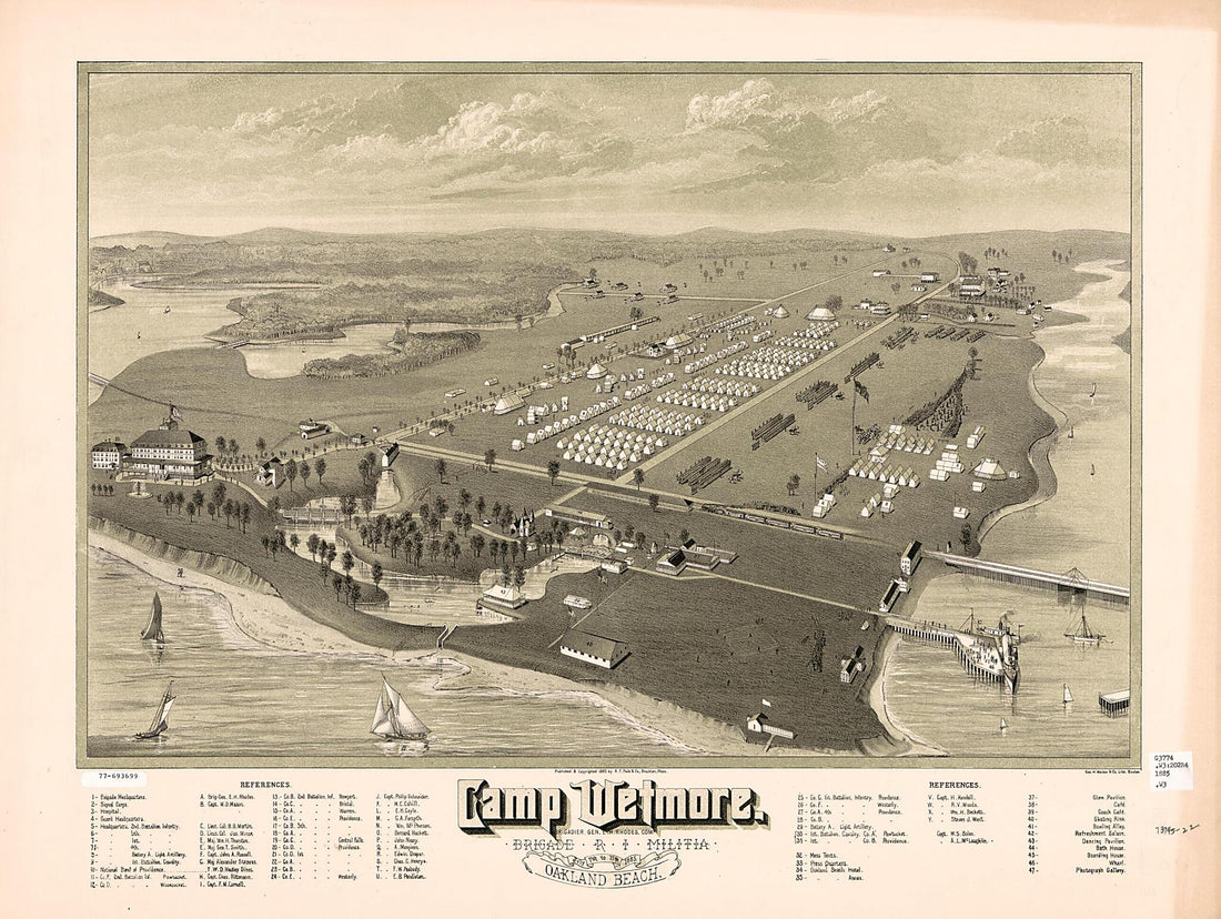 This old map of Camp Wetmore, Rhode Island. Brigade Militia, July 7th to 11th, from 1885, Oakland Beach was created by Geo. H. Walker & Co, Poole (A.F.) & Co in 1885