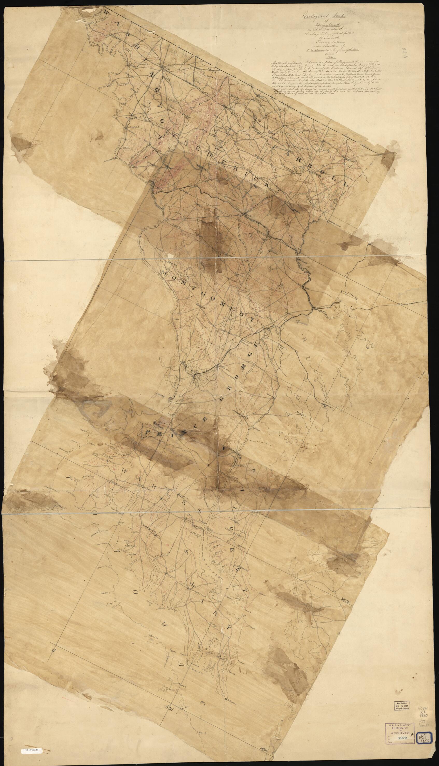 This old map of Geological Map of Maryland On Which Are Also Shewn the Chief Topographical Features to Aid In the Triangulation from 1840 was created by J. H. (John Henry) Alexander in 1840