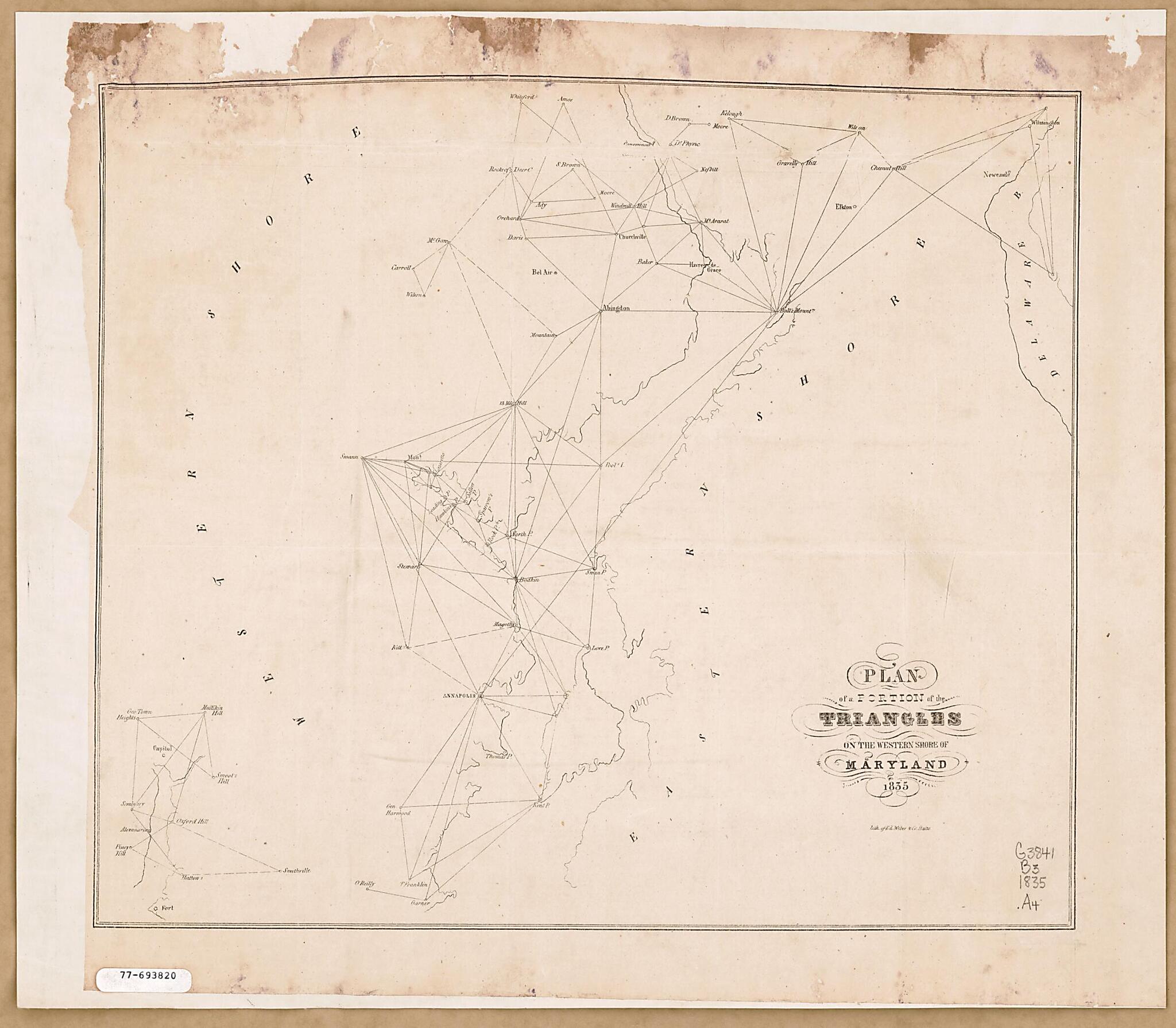 This old map of Plan of a Portion of the Triangles On the Western Shore of Maryland from 1835 was created by J. H. (John Henry) Alexander, Edward Weber & Co in 1835