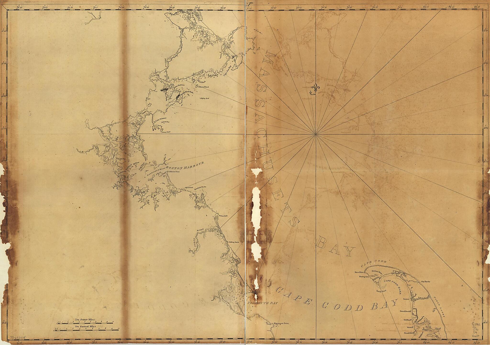 This old map of Coast of Massachusetts from Cape Ann to Manomet Point, Including Northern Tip of Cape Cod from 1776 was created by Joseph F. W. (Joseph Frederick Wallet) Des Barres in 1776