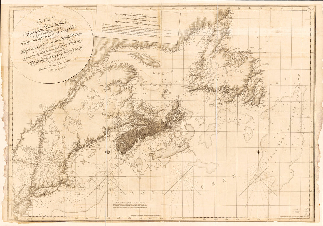 This old map of The Coast of Nova Scotia, New England, New York, Jersey, the Gulph and River of St. Lawrence, the Islands of Newfoundland, Cape Breton, St. John, Antecosty, Sable, &c, and Soundings Thereof from 1779 was created by Joseph F. W. (Joseph Fr