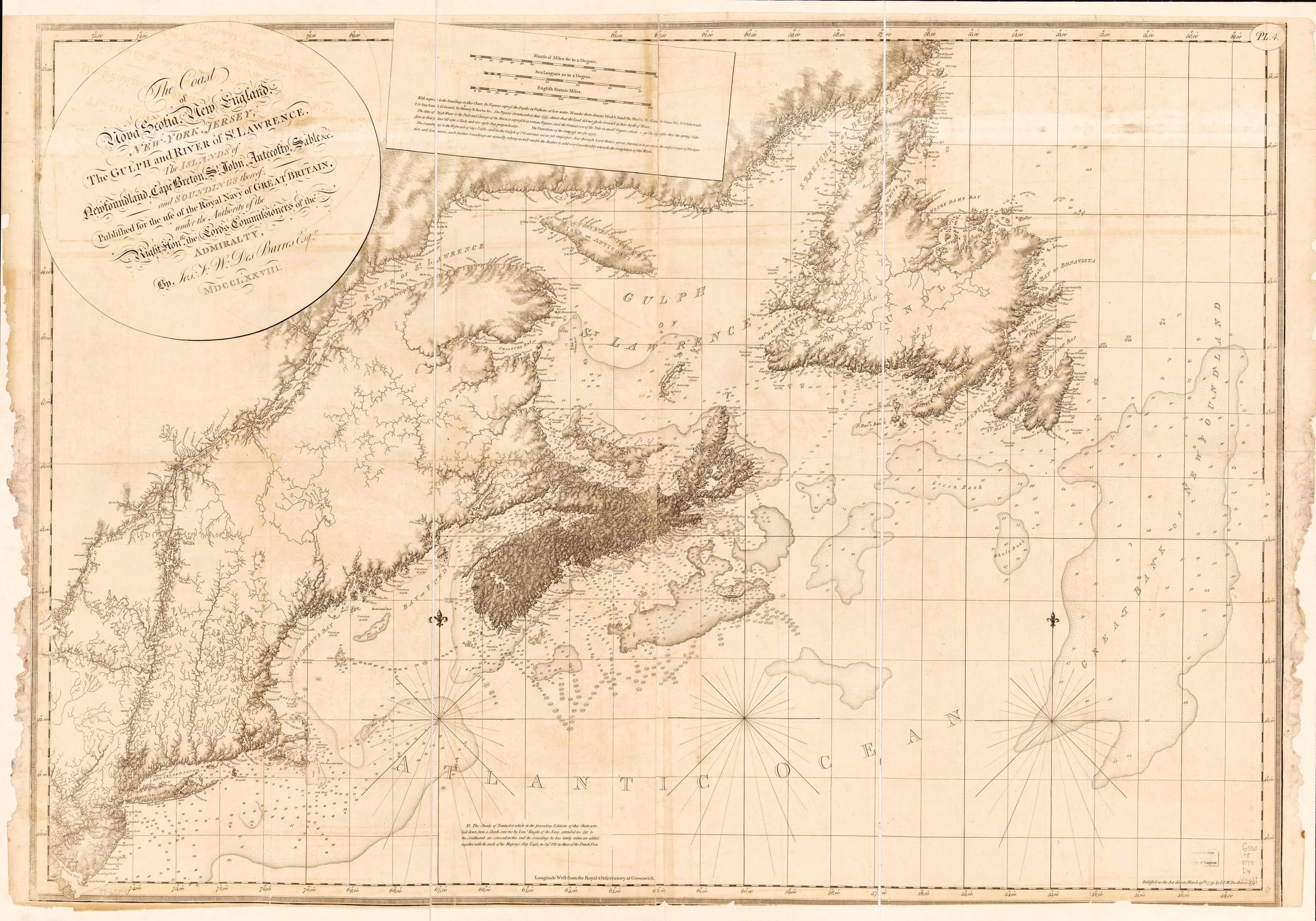 This old map of The Coast of Nova Scotia, New England, New York, Jersey, the Gulph and River of St. Lawrence, the Islands of Newfoundland, Cape Breton, St. John, Antecosty, Sable, &c, and Soundings Thereof from 1779 was created by Joseph F. W. (Joseph Fr