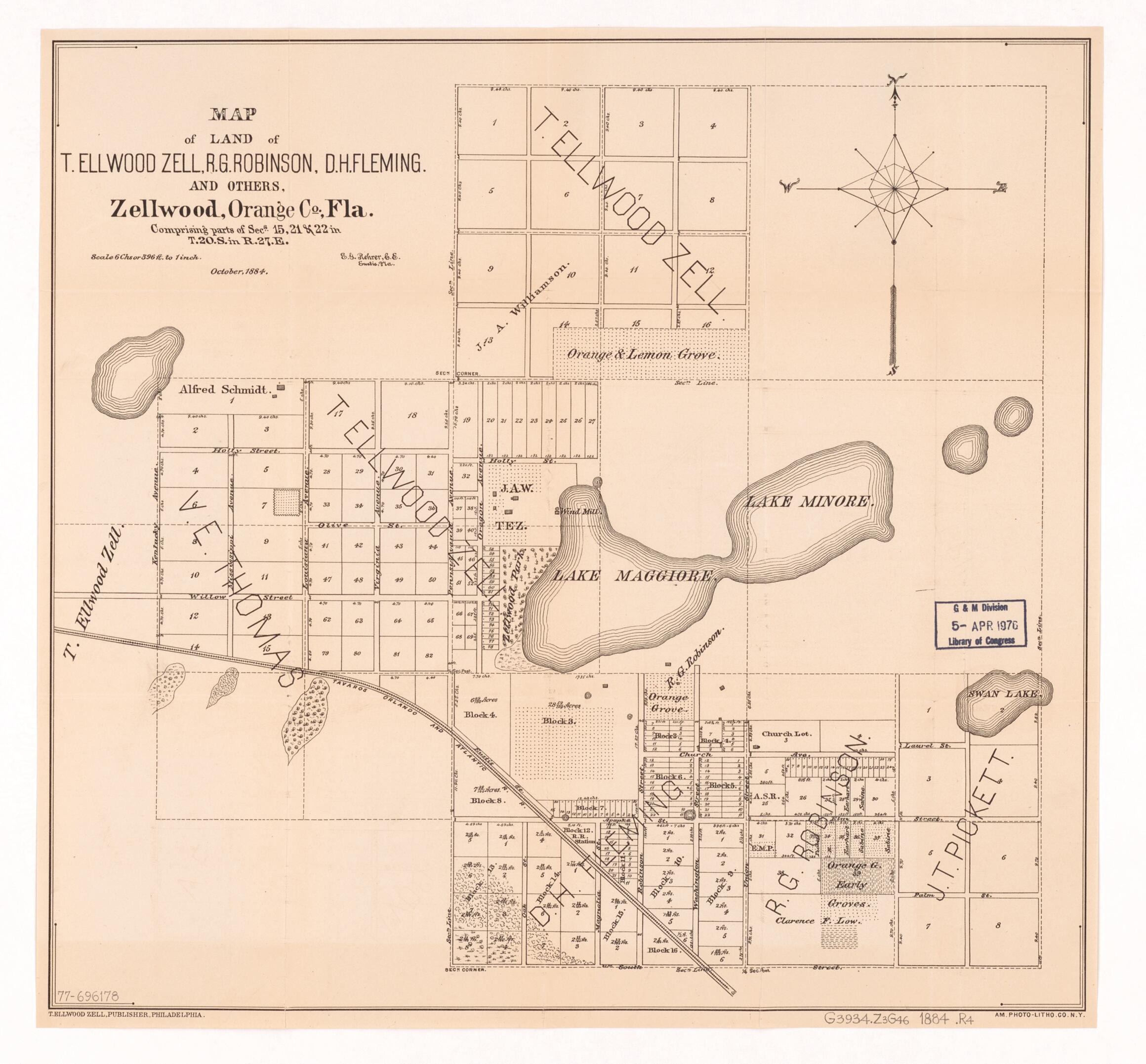 This old map of Map of Land of T. Ellwood Zell, R. G. Robinson, D. H. Fleming, and Others, Zellwood, Orange Co., Florida, Comprising Parts of Secs. 15, 21, & 22 In. T.20.S. In R.27.E from 1884 was created by E. G. Rehrer in 1884