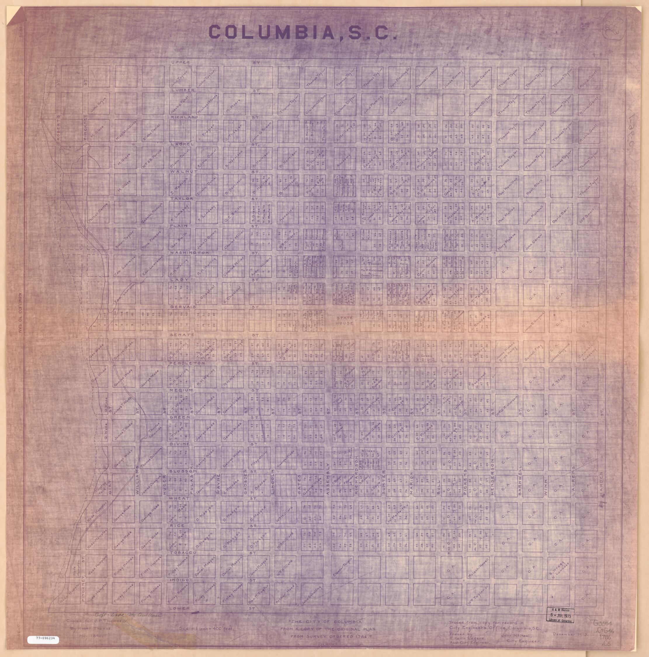 This old map of Columbia, S.C from 1915 was created by Columbia (S.C.) City Engineering Department, T. Keith (Thomas Keith) Legaré in 1915