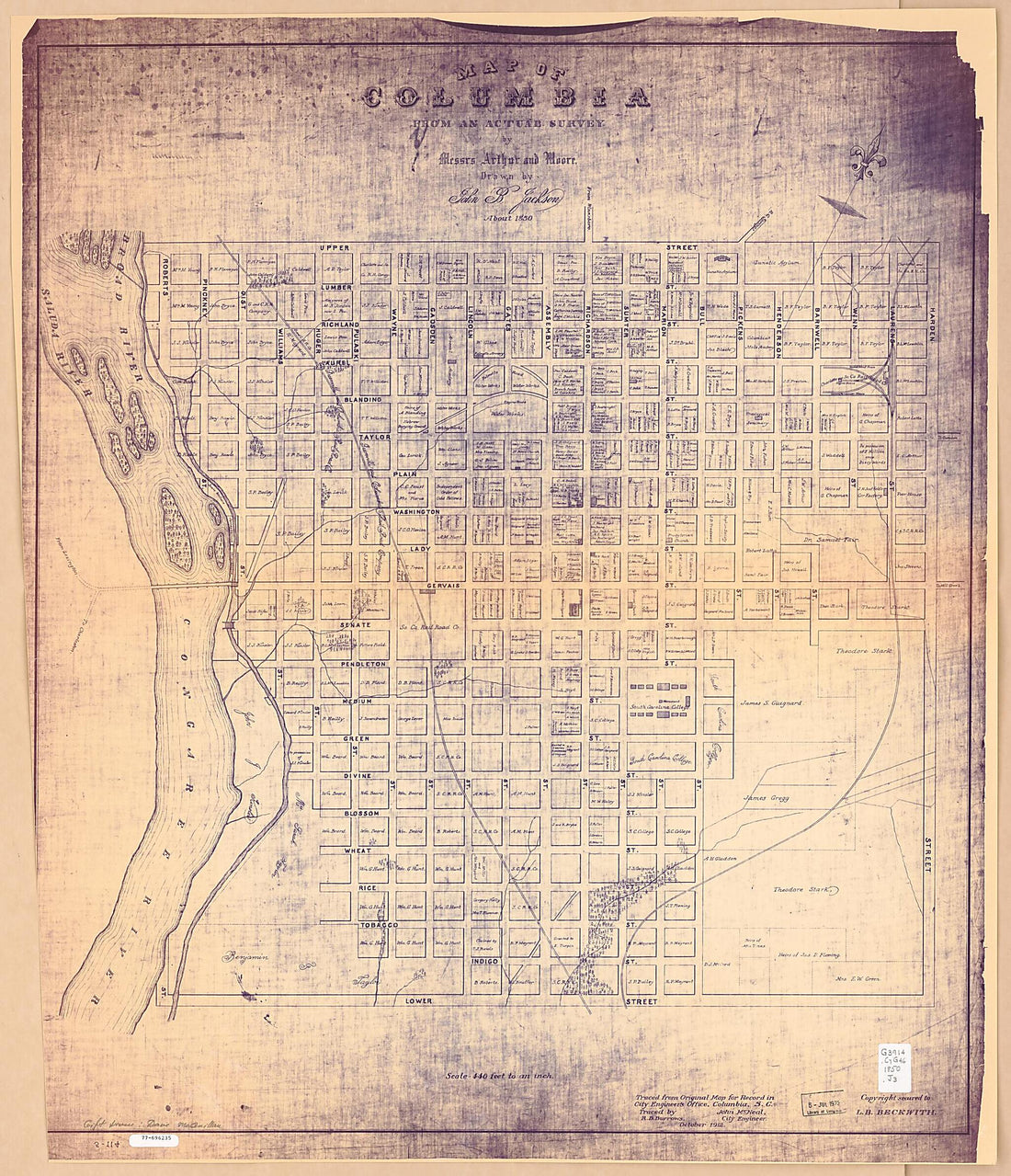 This old map of Map of Columbia from an Actual Survey by Messrs. Arthur and Moore from 1912 was created by R. B. Burrows, Columbia (S.C.). City Engineering Department, John B. (John Brinkerhoff) Jackson in 1912