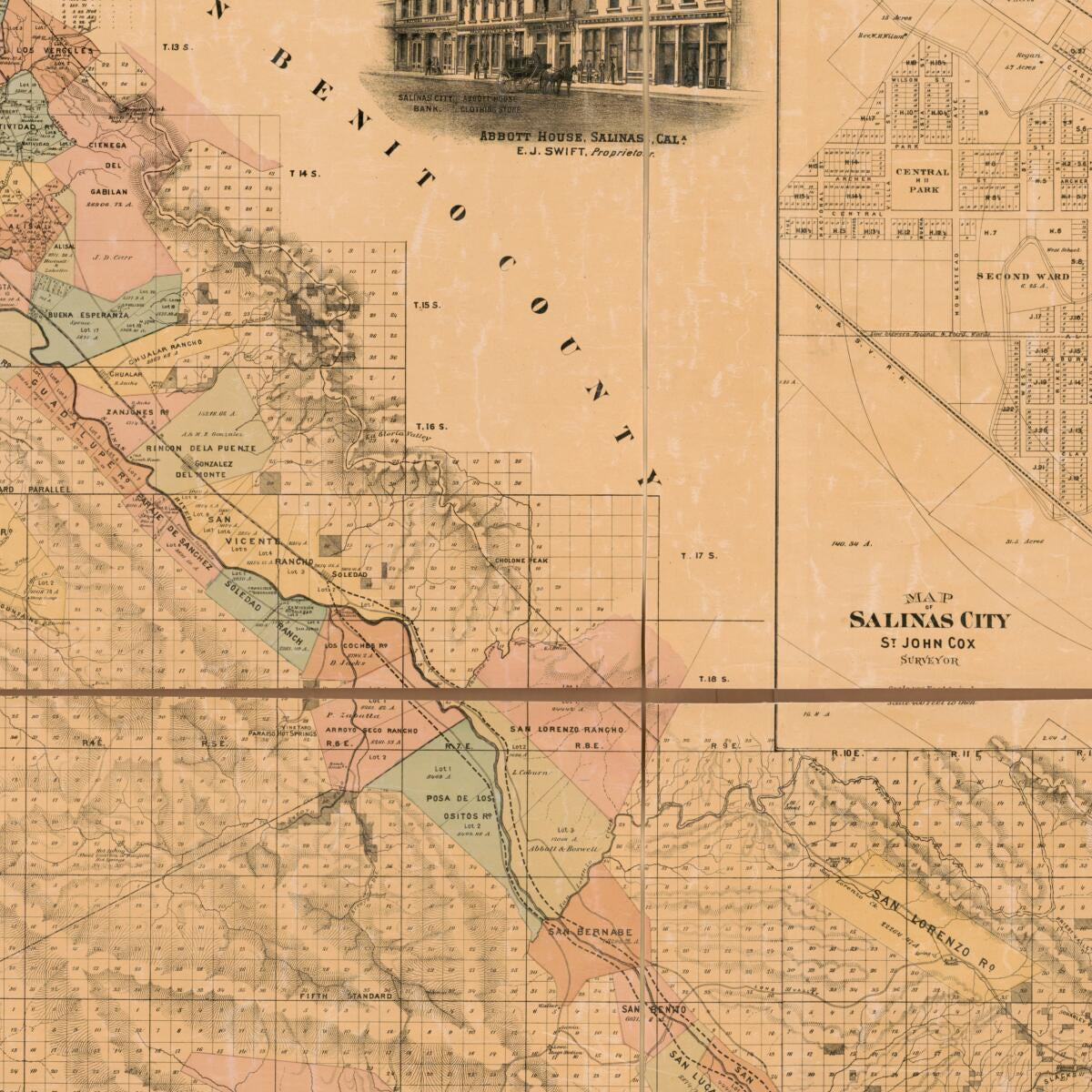 This old map of Map of the County of Monterey,California from 1877 was created by St. John Cox, T. C. Markley in 1877