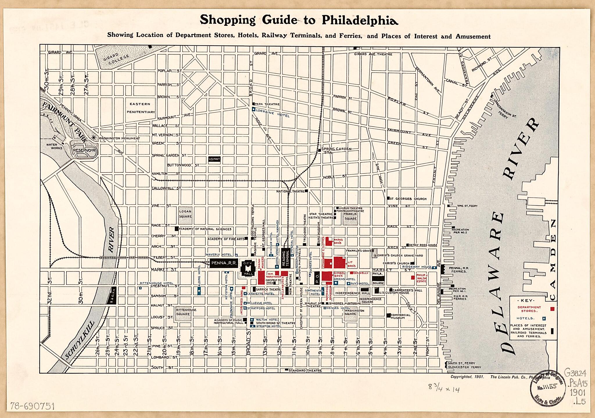 This old map of Shopping Guide to Philadelphia, Showing Location of Department Stores, Hotels, Railway Terminals, and Ferries, and Places of Interest and Amusement from 1901 was created by Philadelphia Lincoln Pub. Co. in 1901