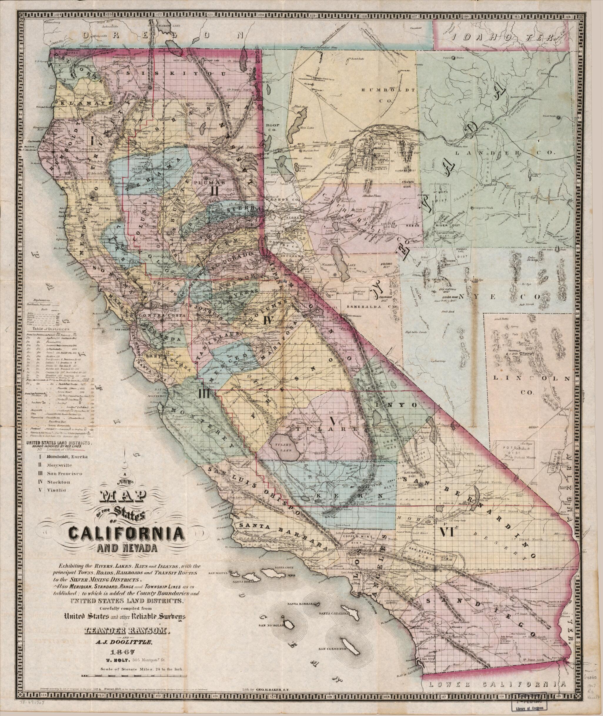 This old map of A New Map of the States of California and Nevada, Exhibiting the Rivers, Lakes, Bays, and Islands, With the Principal Towns, Roads, Railroads, and Transit Routes to the Silver Mining Districts; Also Meridian, Standard, Range and Township