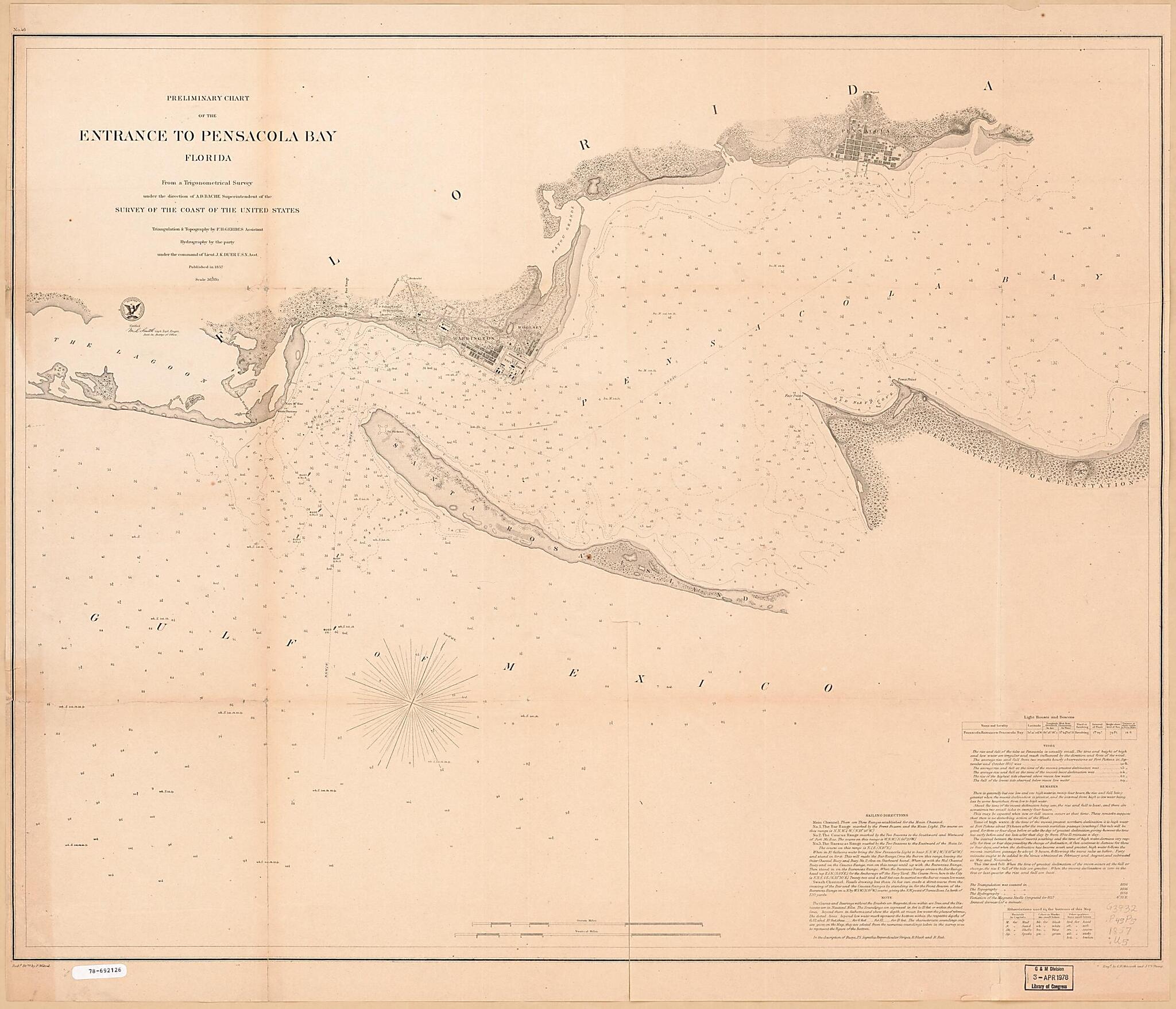This old map of Preliminary Chart of the Entrance to Pensacola Bay, Florida from 1857 was created by A. D. (Alexander Dallas) Bache, U.S. Coast and Geodetic Survey in 1857