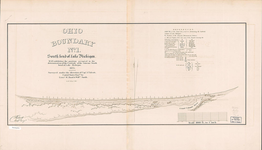 This old map of Ohio Boundary, No. 1, South Bend of Lake Michigan; Map Exhibiting the Position Occupied In the Determination of the Latitude of the Extreme South Bend of Lake Michigan from 1835 was created by William Davidson Fraser, Washington Hood, And