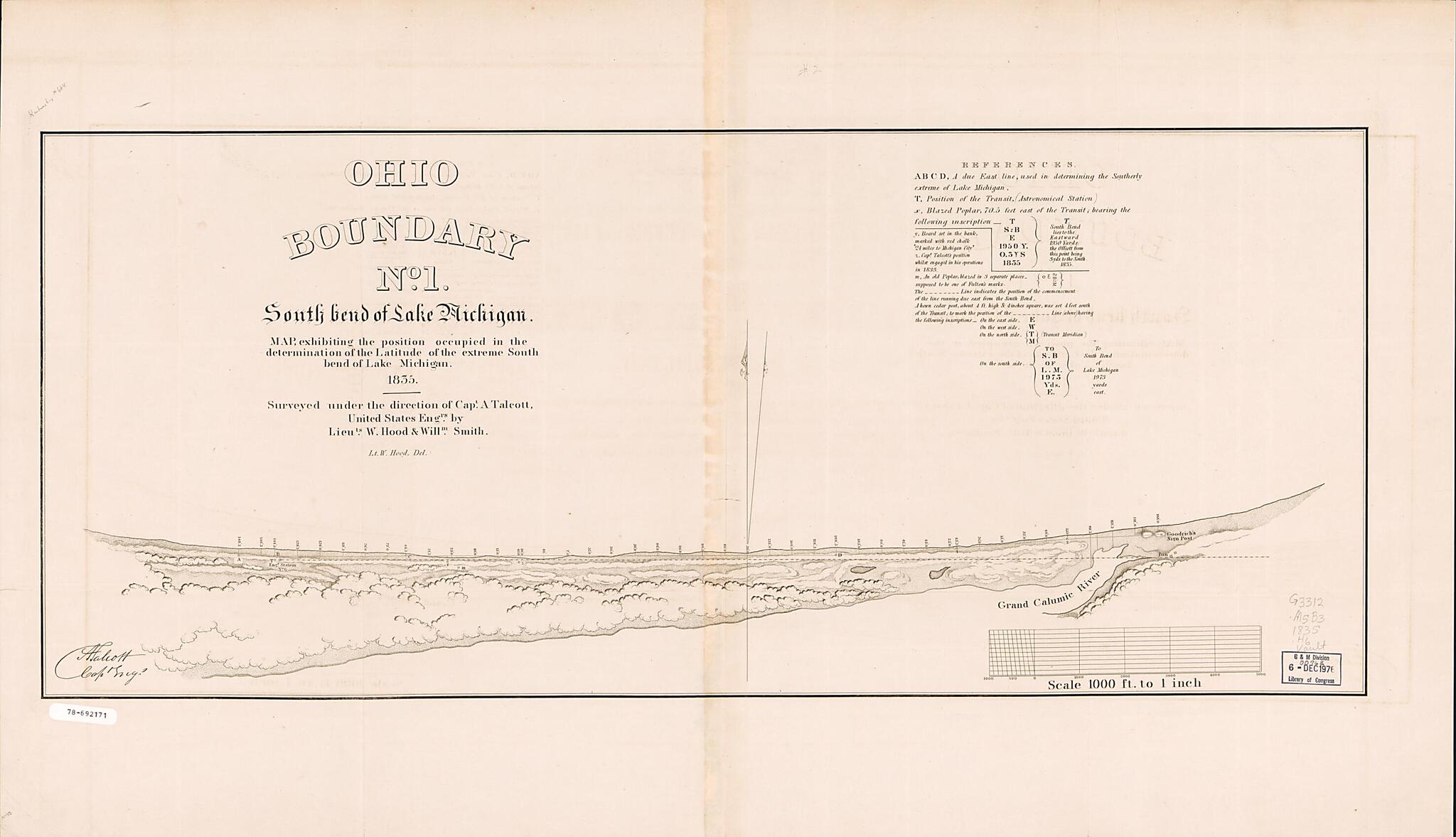 This old map of Ohio Boundary, No. 1, South Bend of Lake Michigan; Map Exhibiting the Position Occupied In the Determination of the Latitude of the Extreme South Bend of Lake Michigan from 1835 was created by William Davidson Fraser, Washington Hood, And