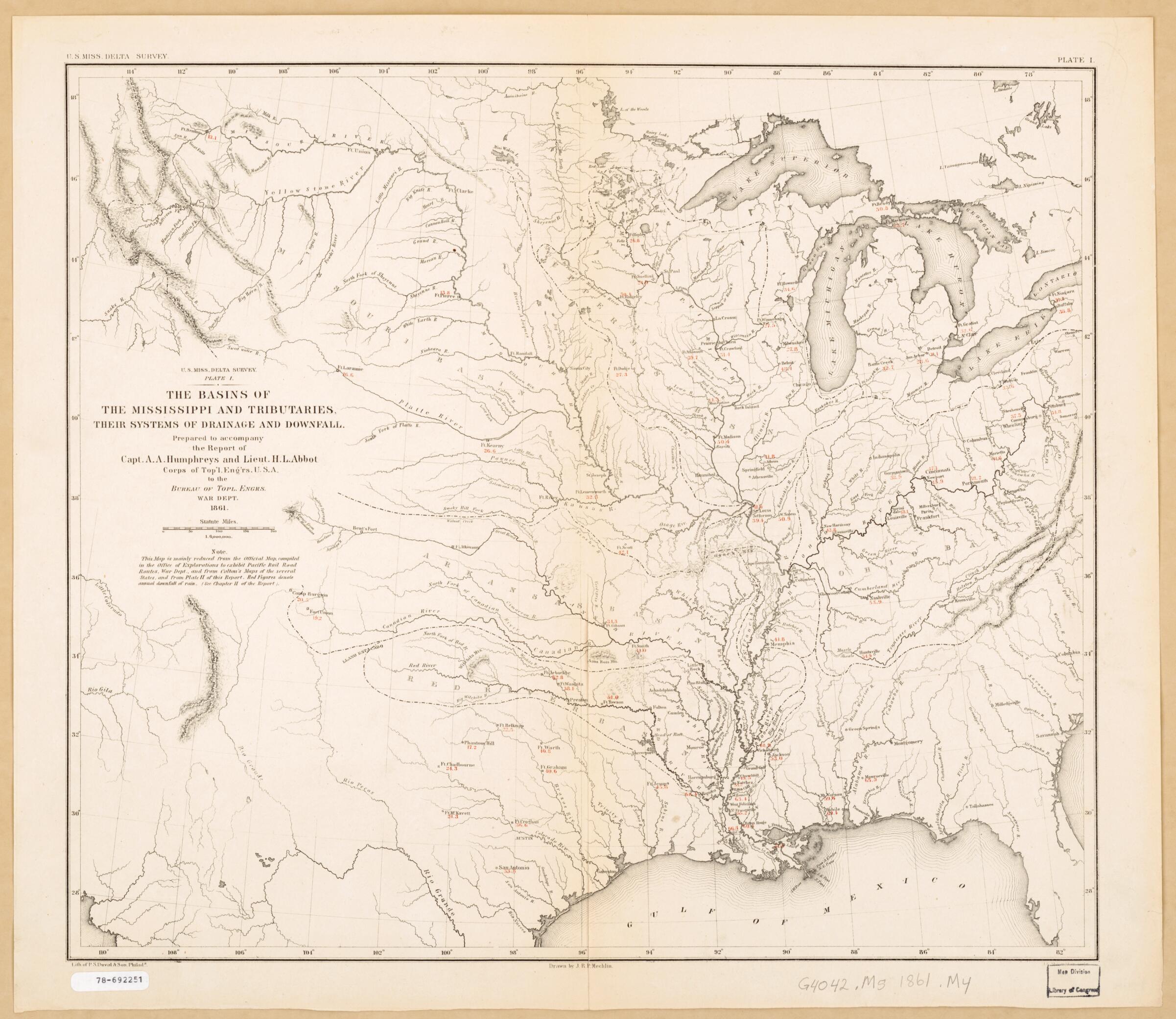 The Basins of the Mississippi and Tributaries, Their Systems of Drainage and Downfall 1861 by Relic Map Company