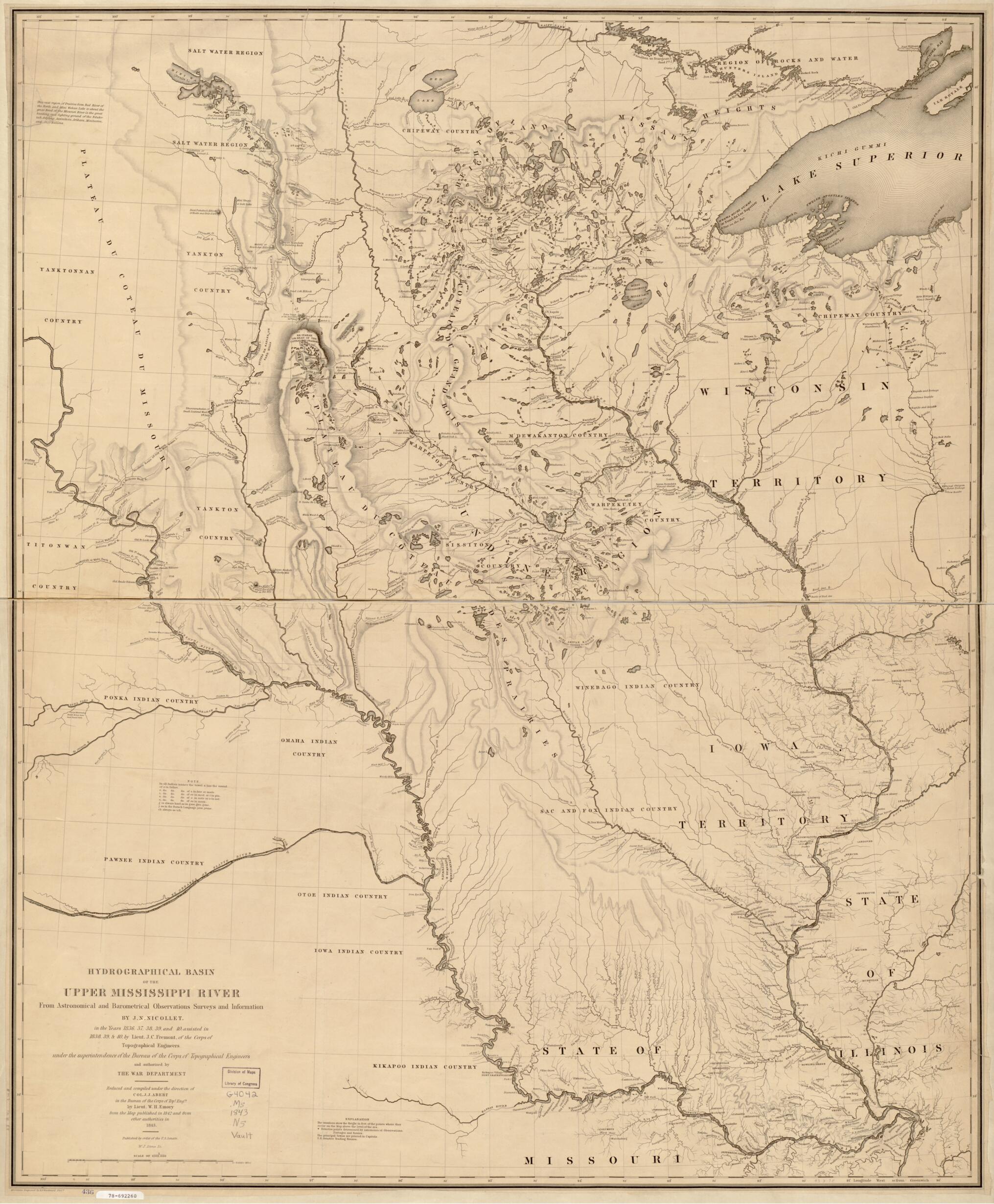This old map of Hydrographical Basin of the Upper Mississippi River from Astronomical and Barometrical Observations, Surveys, and Information from 1843 was created by John Charles Frémont, J. N. (Joseph Nicolas) Nicollet, William James Stone in 1843