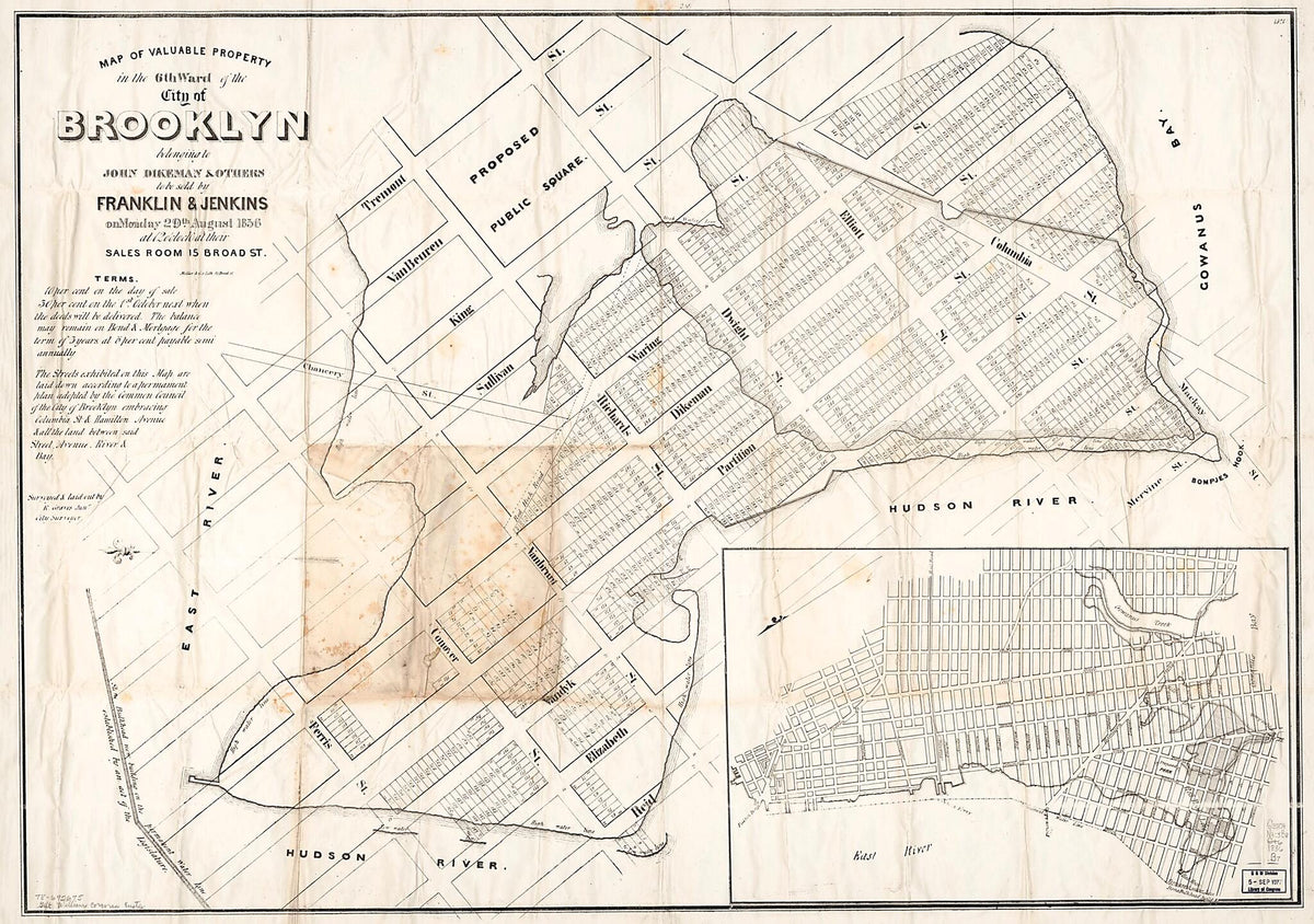 Map of Valuable Property In the 6th Ward of the City of Brooklyn Belonging to John Dikeman & Others to Be Sold by Franklin & Jenkins On Monday, 29th August, in 1836 at 12 O&