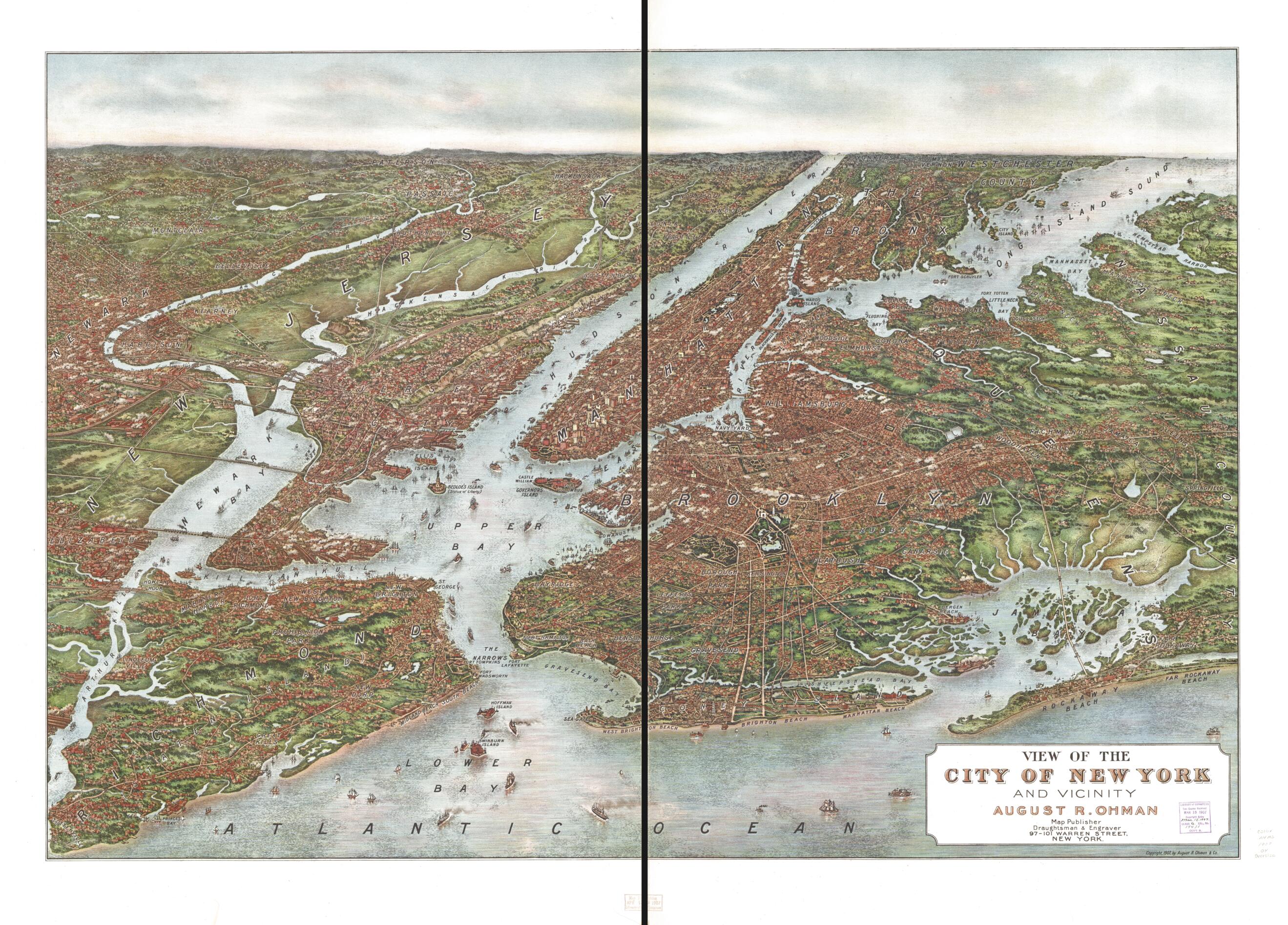 This old map of View of the City of New York and Vicinity from 1907 was created by August R. Ohman & Co, August R. Ohman in 1907