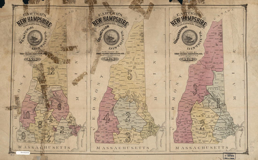 This old map of New Hampshire Election District Maps from 1876 was created by Hosea B. Carter, Globe Printing Co in 1876