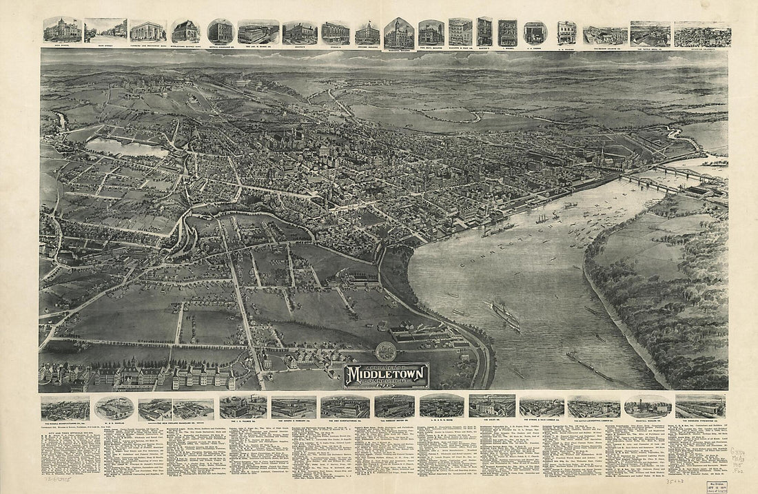 This old map of Aero View of Middletown, Connecticut, from 1915 was created by T. M. (Thaddeus Mortimer) Fowler, Hughes & Bailey in 1915