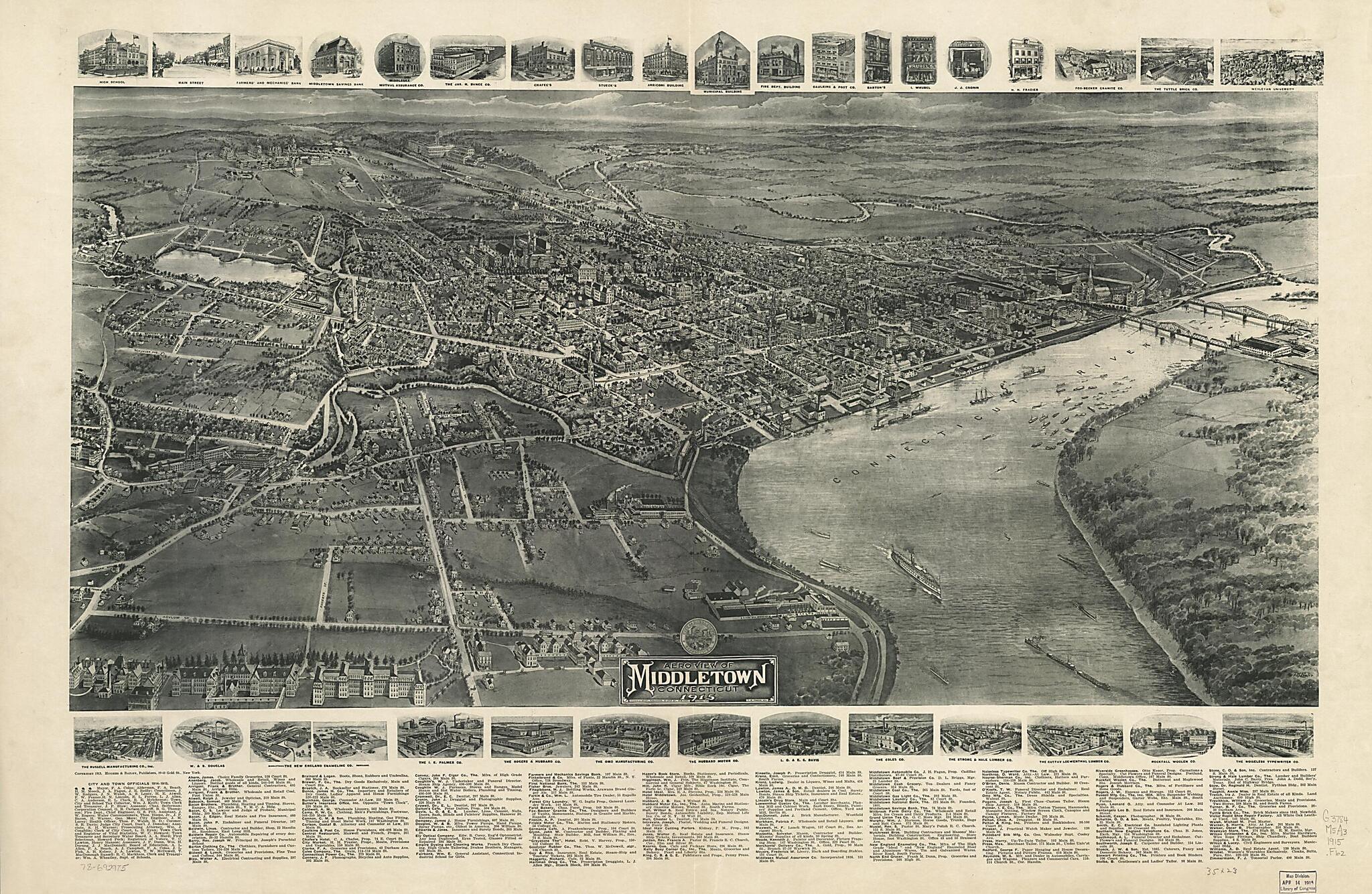 This old map of Aero View of Middletown, Connecticut, from 1915 was created by T. M. (Thaddeus Mortimer) Fowler, Hughes & Bailey in 1915