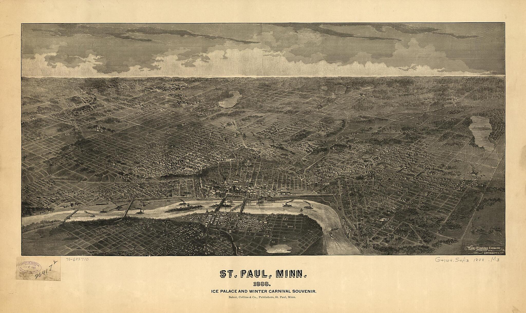 This old map of St. Paul, Minnesota : Ice Palace and Winter Carnival Souvenir from 1888 was created by Collins & Co Baker, Marr & Richards Engraving Co in 1888