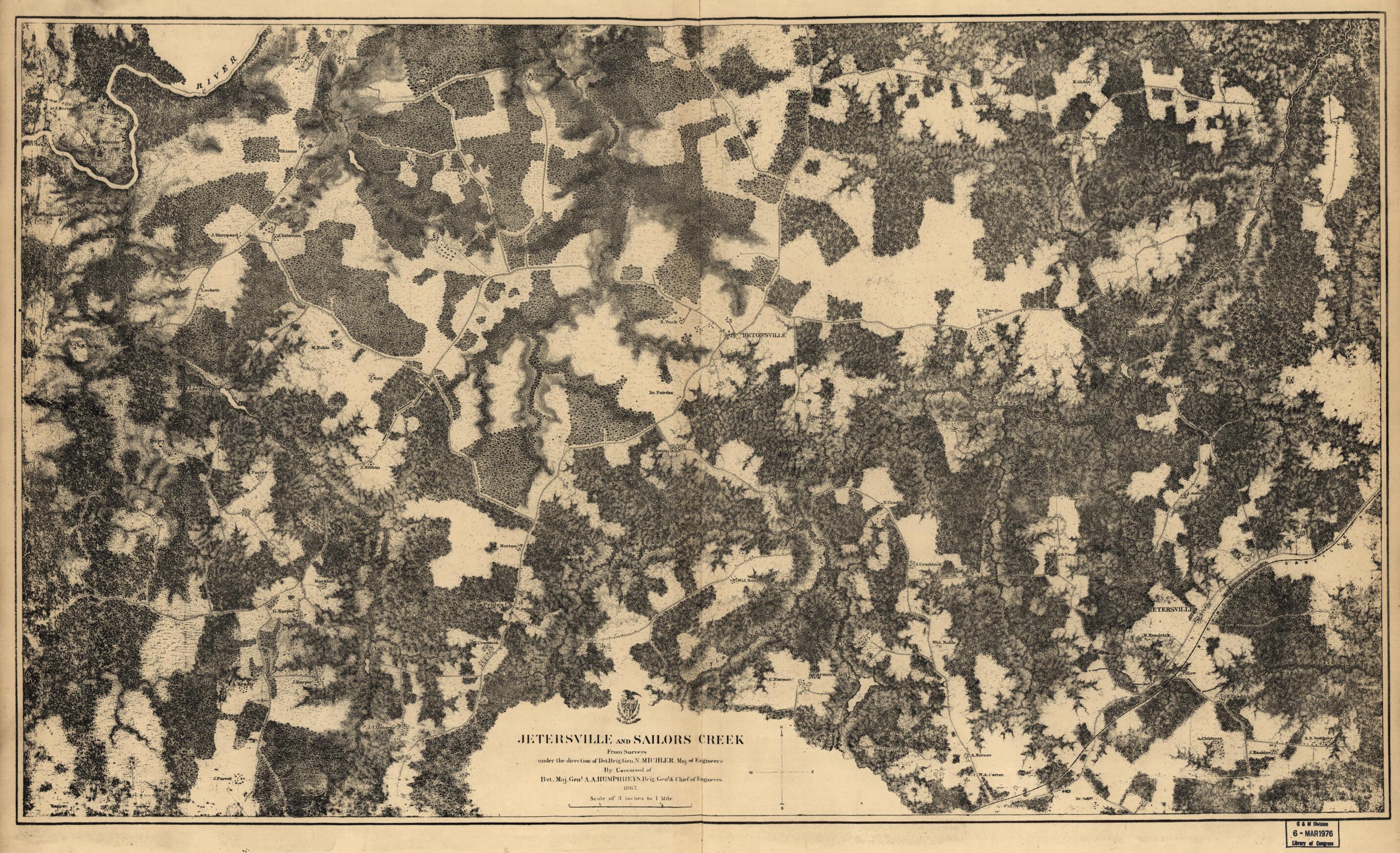 This old map of Jetersville and Sailors Creek from 1867 was created by A. A. (Andrew Atkinson) Humphreys, N. (Nathaniel) Michler, United States. Army. Corps of Engineers in 1867