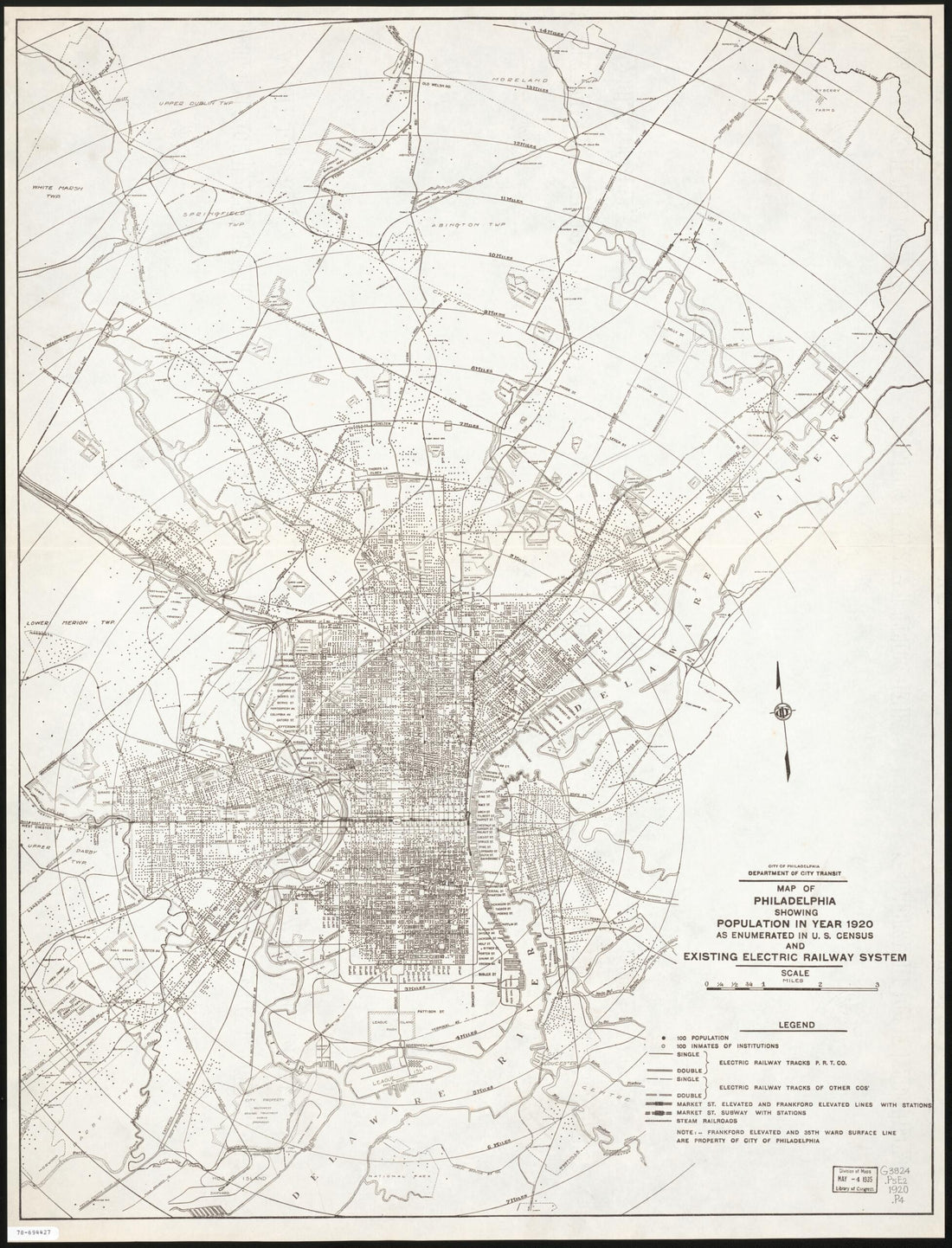 This old map of Map of Philadelphia Showing Population In Year 1920, As Enumerated In U.S. Census, and Existing Electric Railway System from 1921 was created by Philadelphia. Department of City Transit in 1921