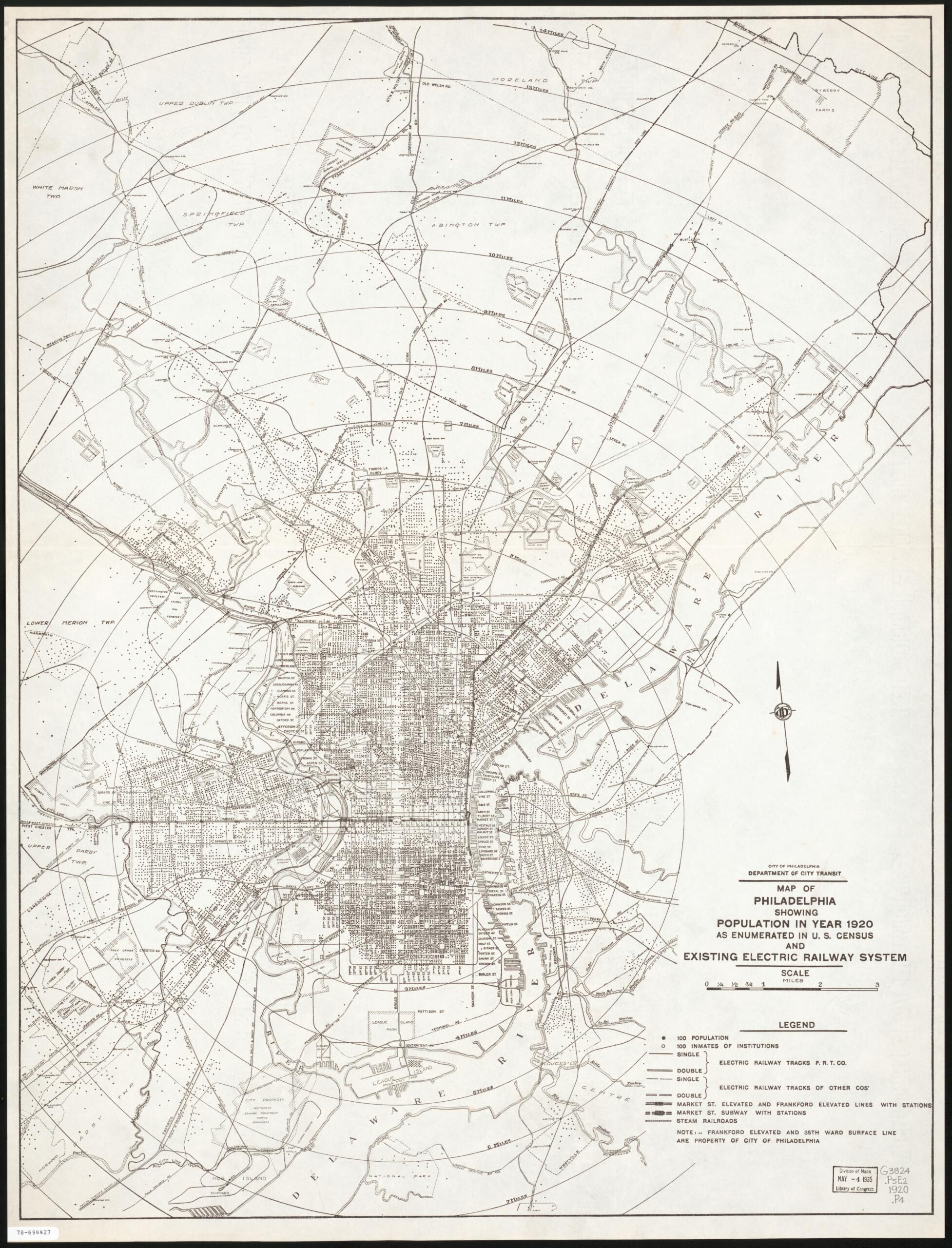 This old map of Map of Philadelphia Showing Population In Year 1920, As Enumerated In U.S. Census, and Existing Electric Railway System from 1921 was created by Philadelphia. Department of City Transit in 1921